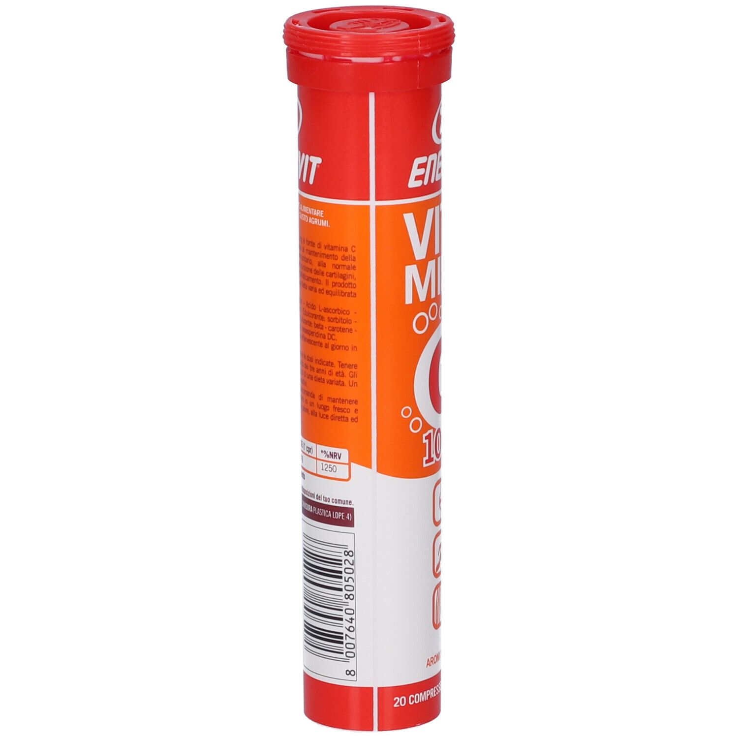 Rückseite der ENERVIT Vitamin C 1000 mg Röhre mit Produktinformationen und Barcode.