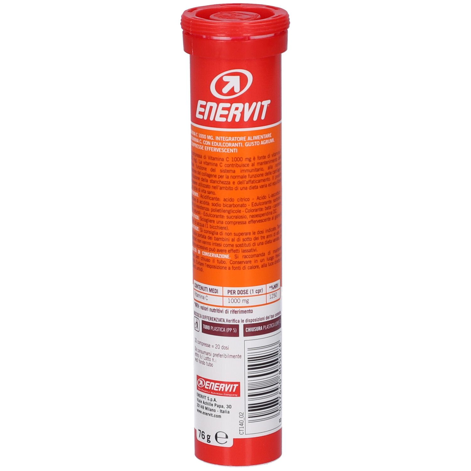 Seite der ENERVIT Vitamin C 1000 mg Röhre mit detaillierten Produktinformationen und Nährwertangaben.