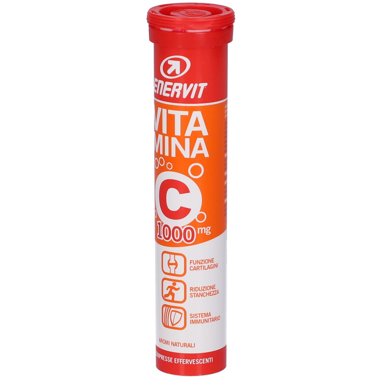Rote Röhre mit ENERVIT Vitamin C 1000 mg Brausetabletten. Zeigt Icons für Knorpel, Müdigkeit und Immunsystem.