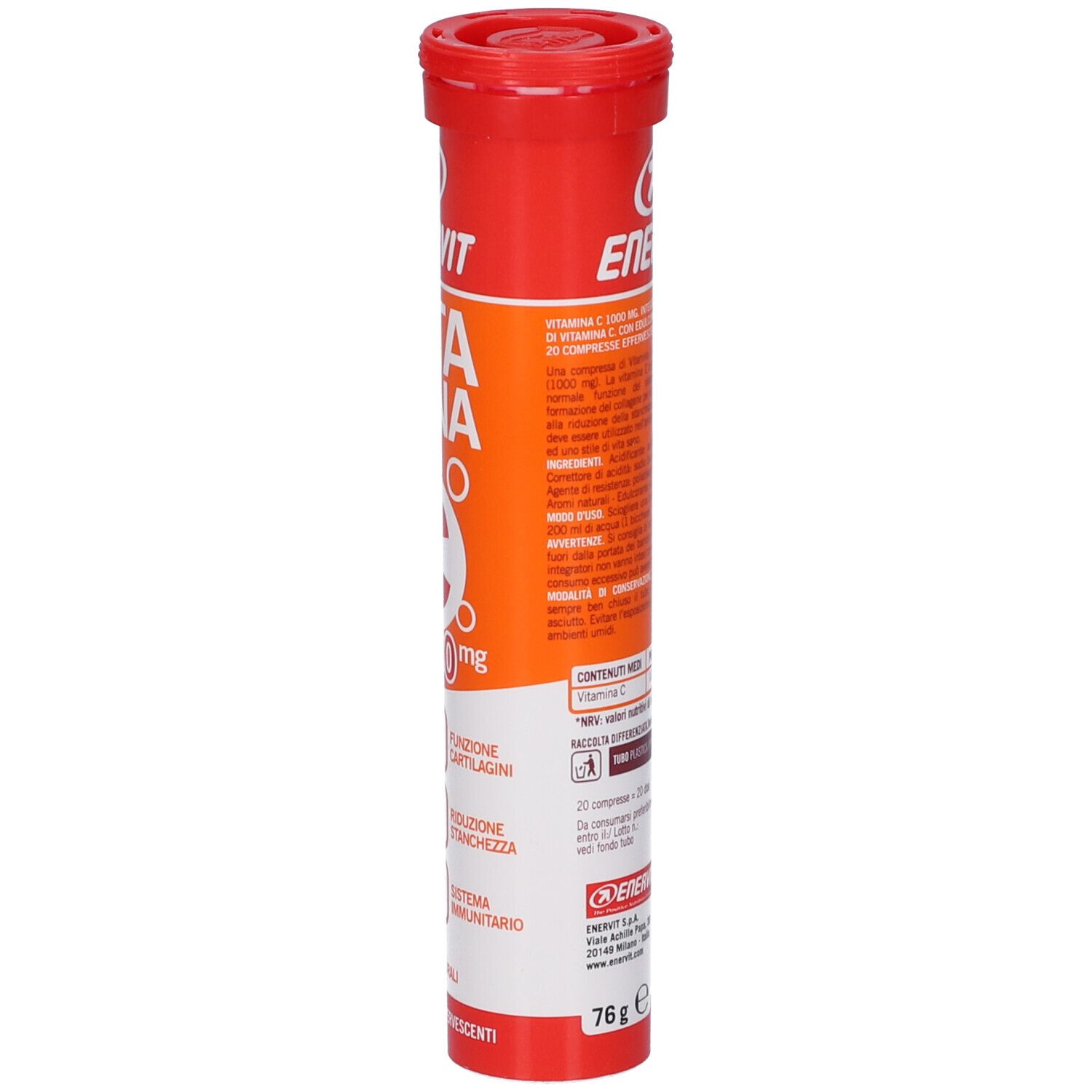 Seite der ENERVIT Vitamin C 1000 mg Röhre mit detaillierten Produktinformationen und Nährwertangaben.