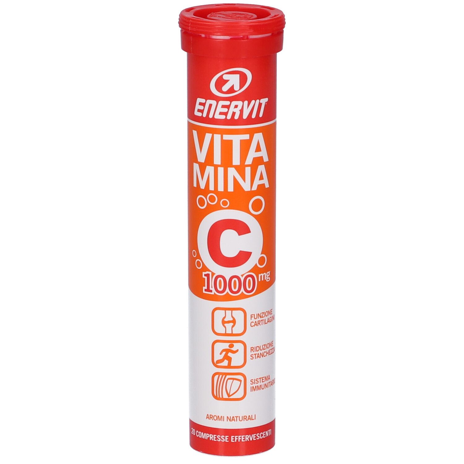 Rote Röhre mit ENERVIT Vitamin C 1000 mg Brausetabletten. Zeigt Icons für Knorpel, Müdigkeit und Immunsystem.
