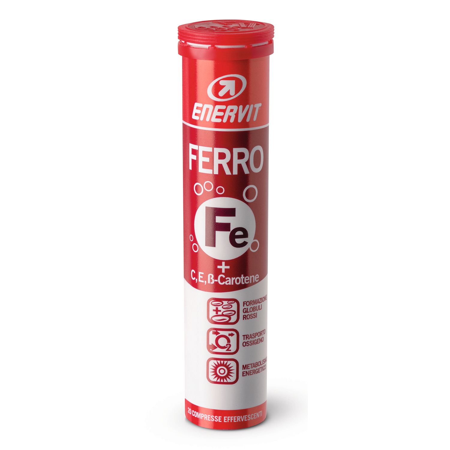 Rote zylindrische Verpackung von ENERVIT® Sport Ferro. Enthält Tabletten. Aufschrift: Ferro, Fe, C, E, B-Carotin.