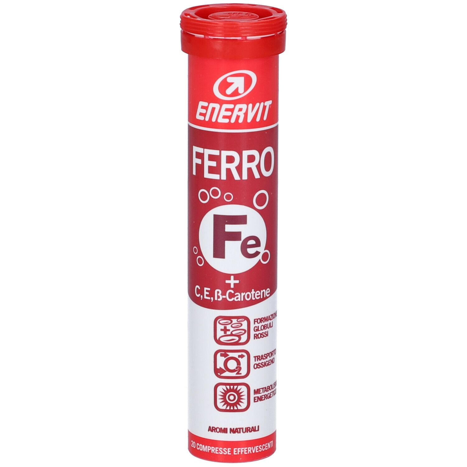 Rote zylindrische Verpackung von ENERVIT® Sport Ferro. Enthält Tabletten. Aufschrift: Ferro, Fe, C, E, B-Carotin.