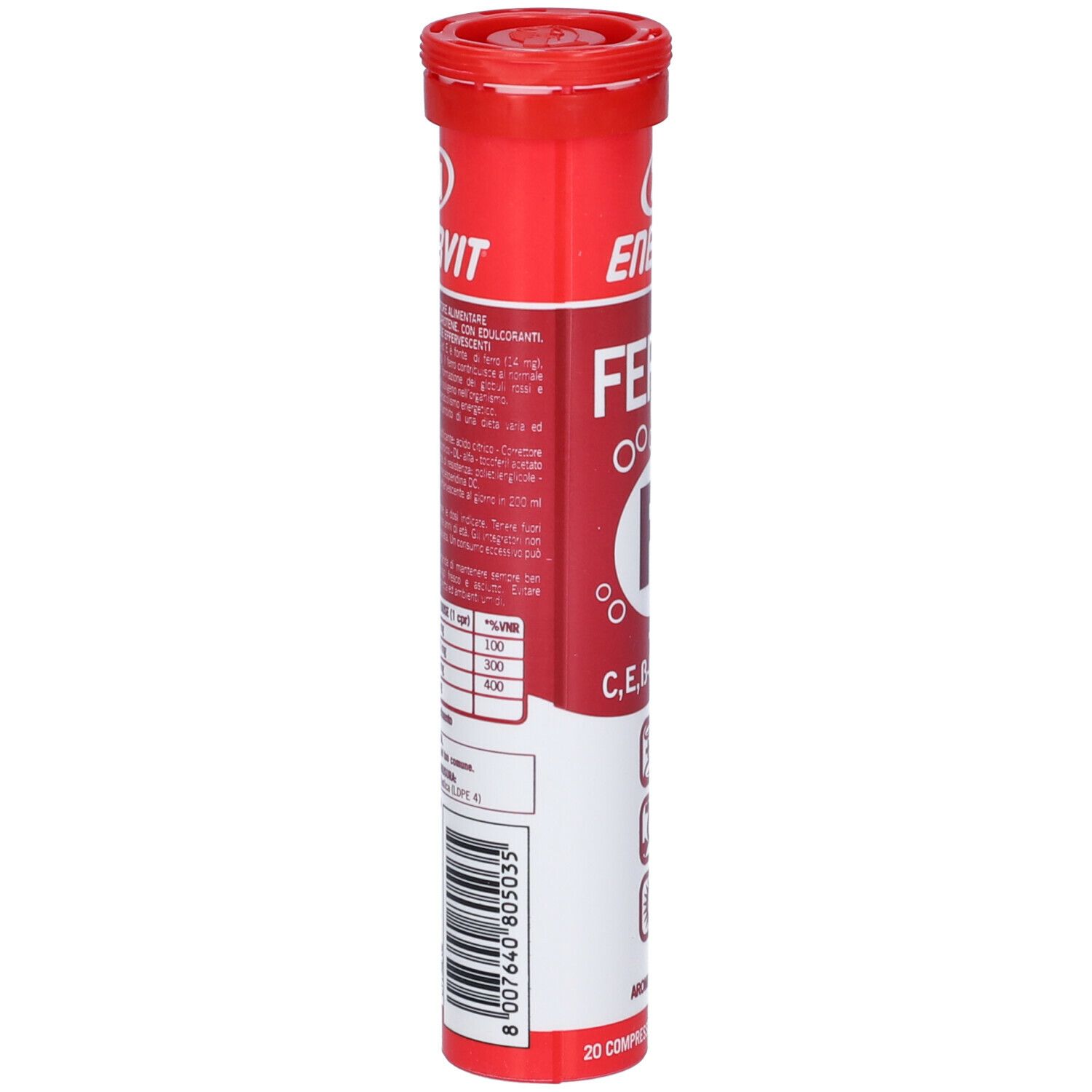 Rote zylindrische Verpackung von ENERVIT® Sport Ferro. Enthält Tabletten. Aufschrift: Ferro, Fe, C, E, B-Carotin.