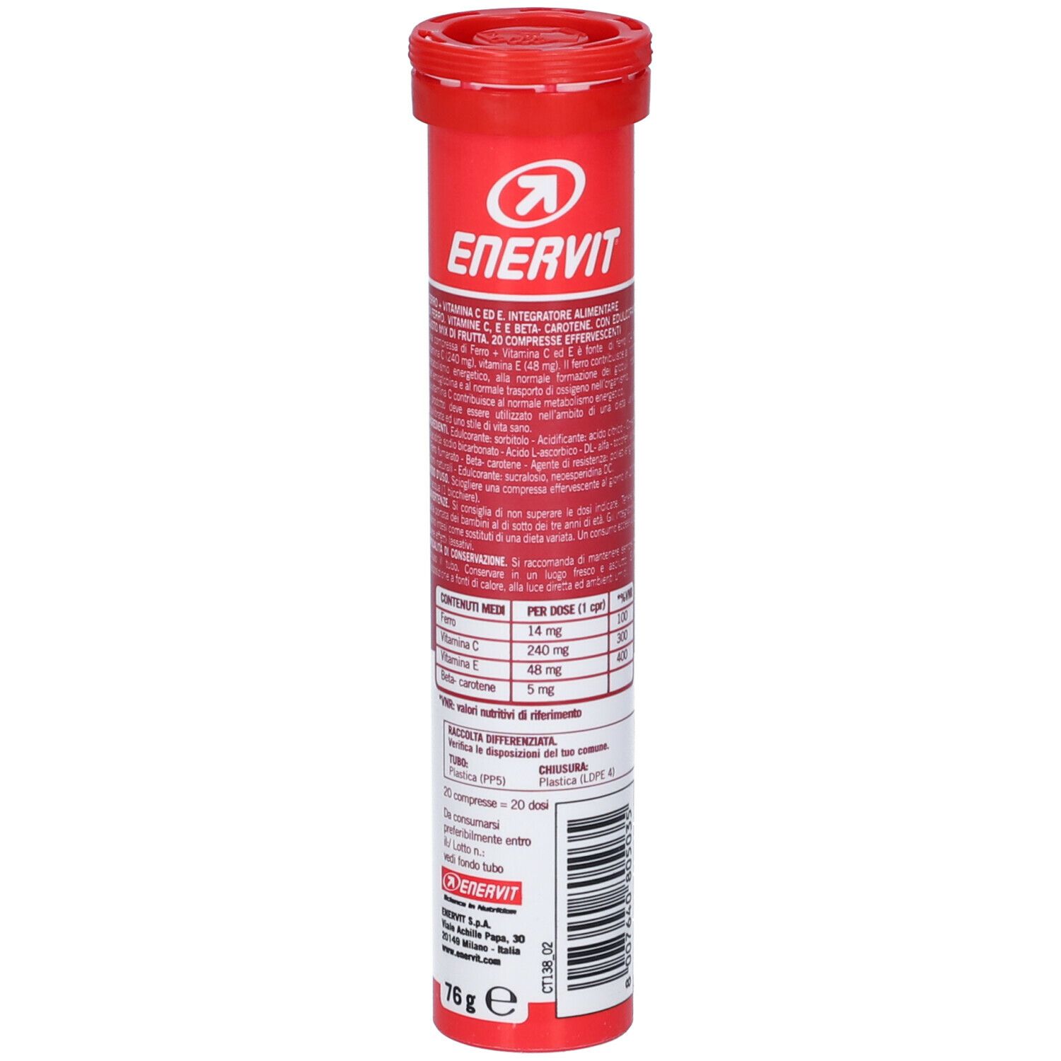 Rote zylindrische Verpackung von ENERVIT® Sport Ferro. Enthält Tabletten. Aufschrift: Ferro, Fe, C, E, B-Carotin.