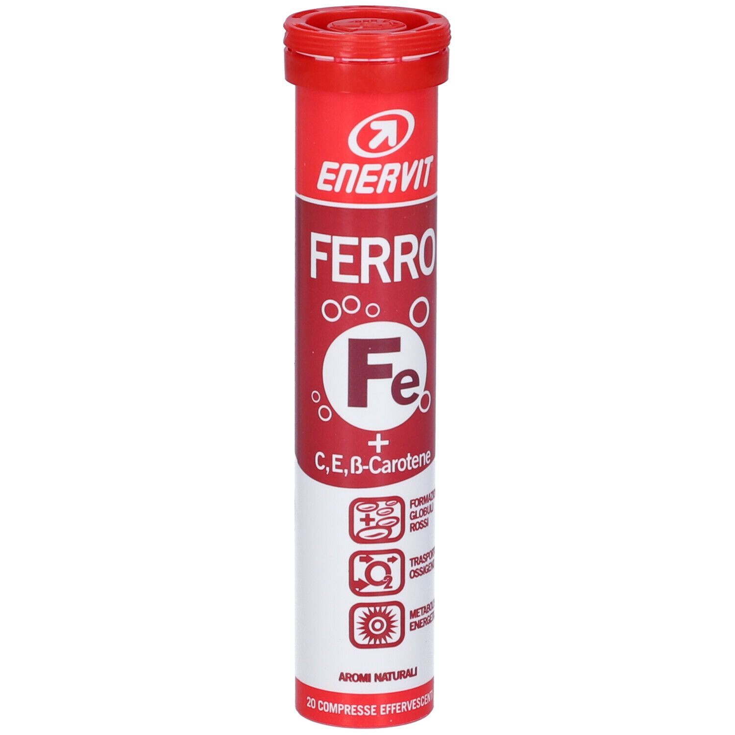 Rote zylindrische Verpackung von ENERVIT® Sport Ferro. Enthält Tabletten. Aufschrift: Ferro, Fe, C, E, B-Carotin.