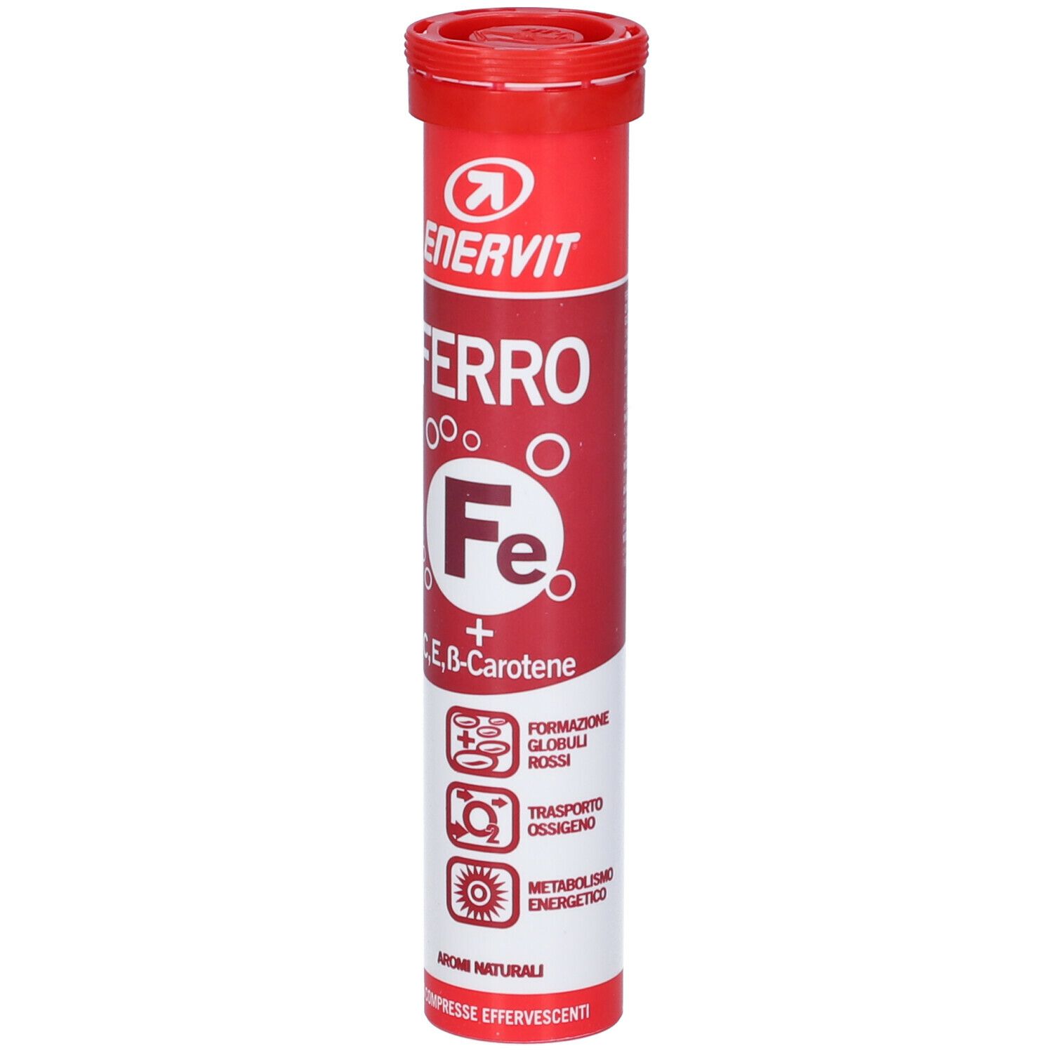 Rote zylindrische Verpackung von ENERVIT® Sport Ferro. Enthält Tabletten. Aufschrift: Ferro, Fe, C, E, B-Carotin.