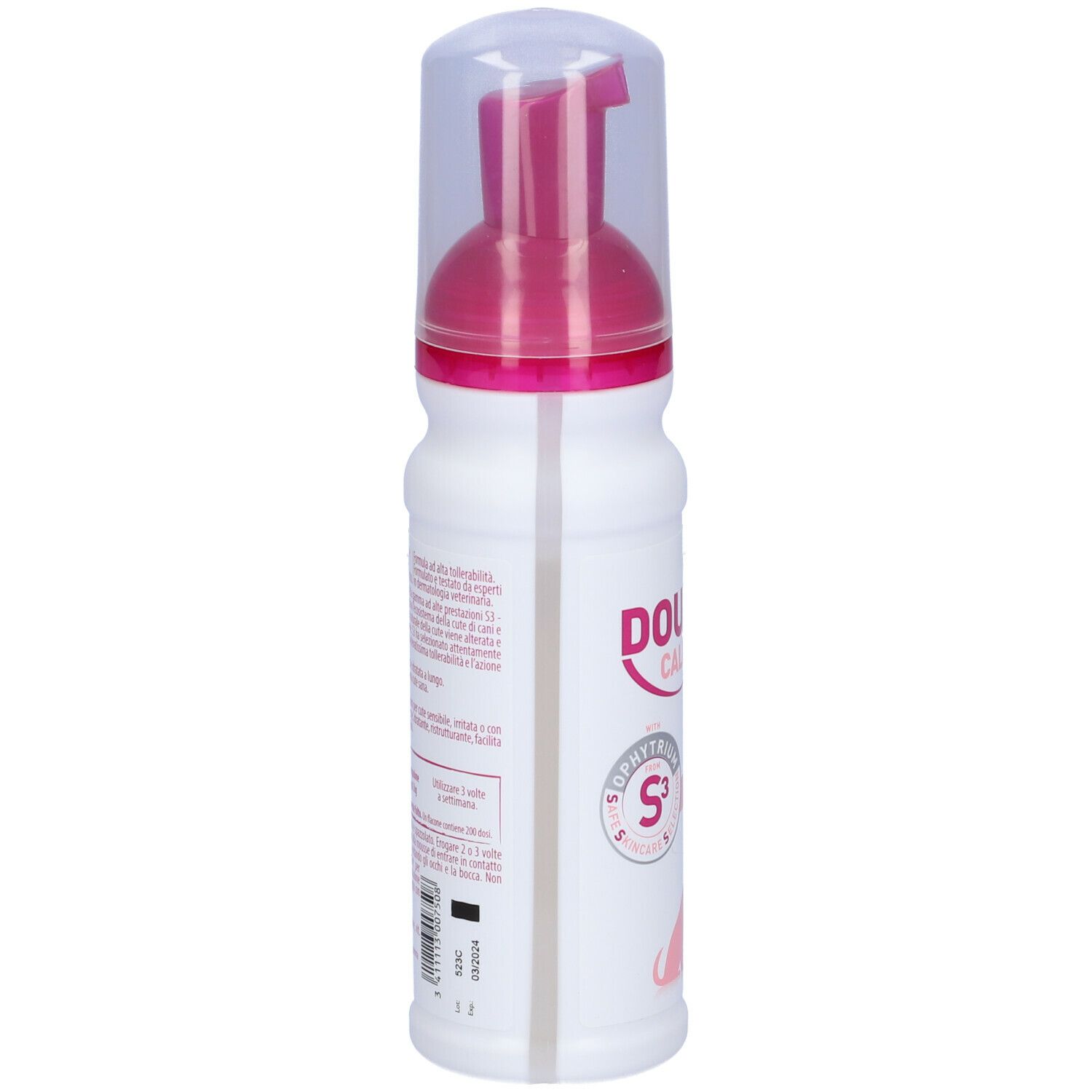 Flacone bianco con erogatore rosa. Retro con testo. Etichetta con informazioni.