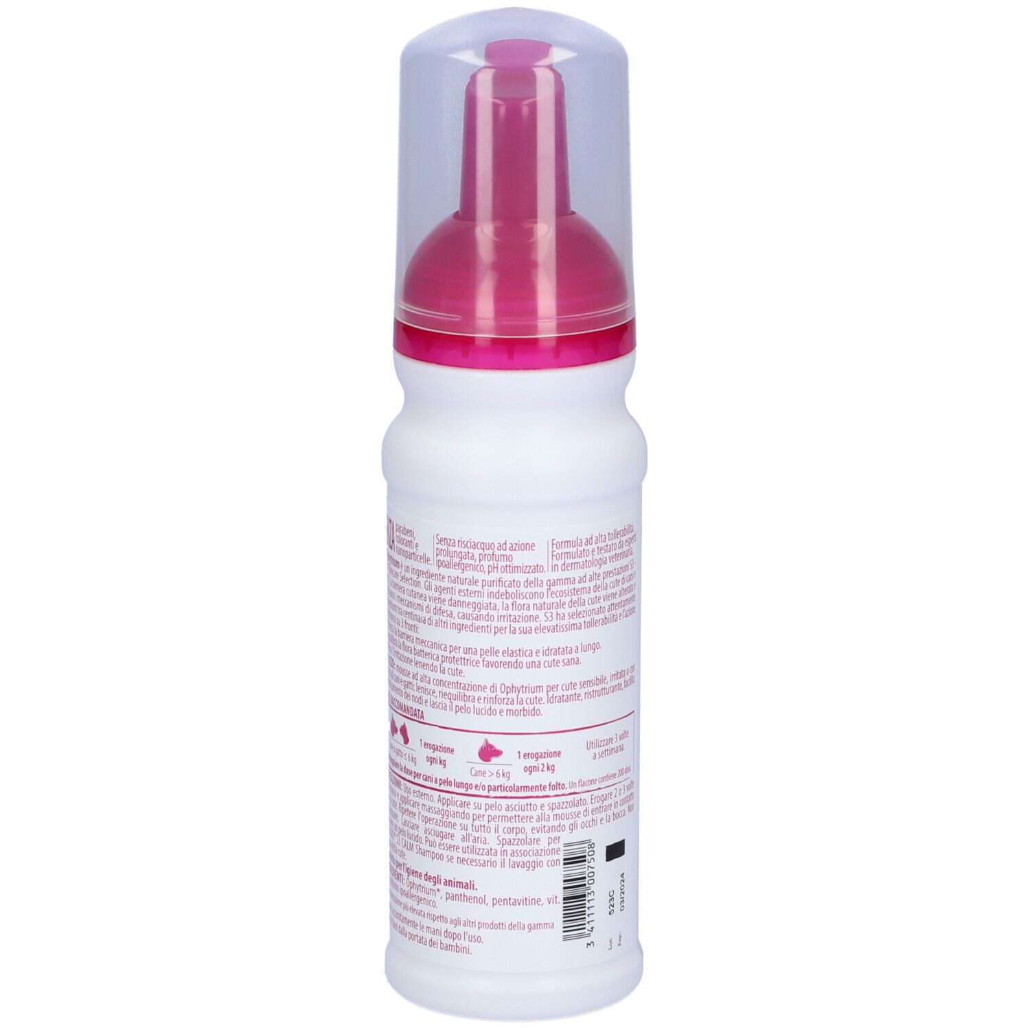 Flacone bianco con erogatore rosa. Retro con testo. Etichetta con informazioni.