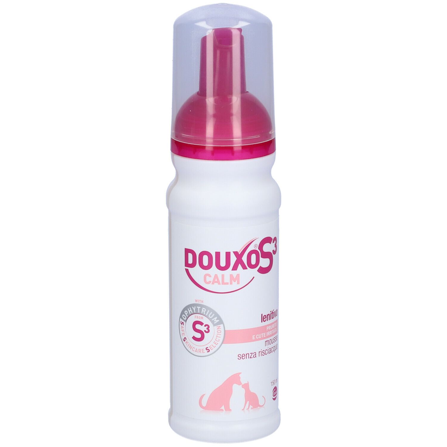 Flacone bianco con erogatore rosa. Scritta DOUXO S3 CALM. Etichetta con testo e logo.