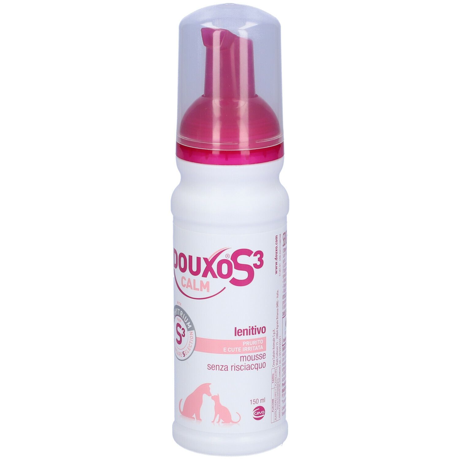 Flacone bianco con erogatore rosa. Scritta DOUXO S3 CALM. Etichetta con testo e logo.