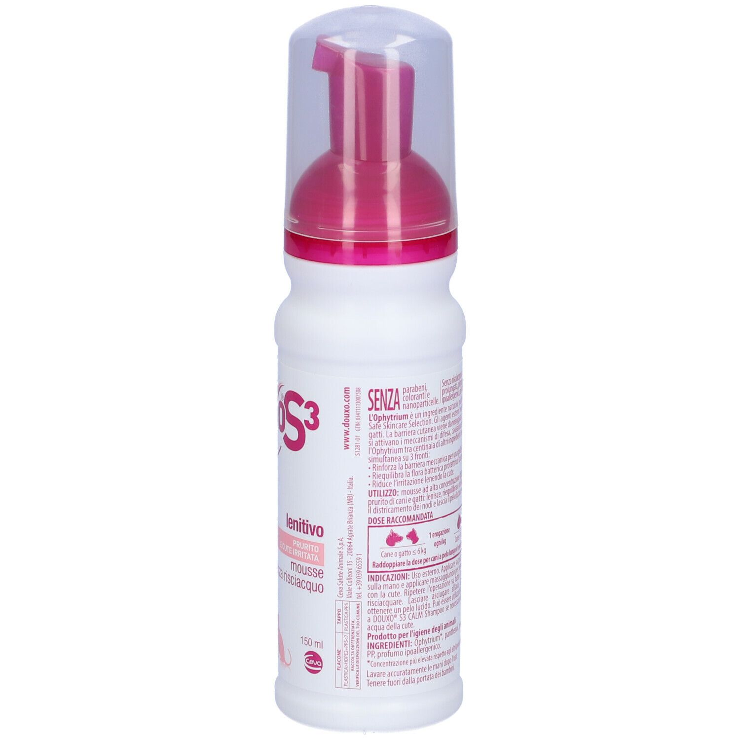 Flacone bianco con erogatore rosa. Retro con testo. Etichetta con informazioni.