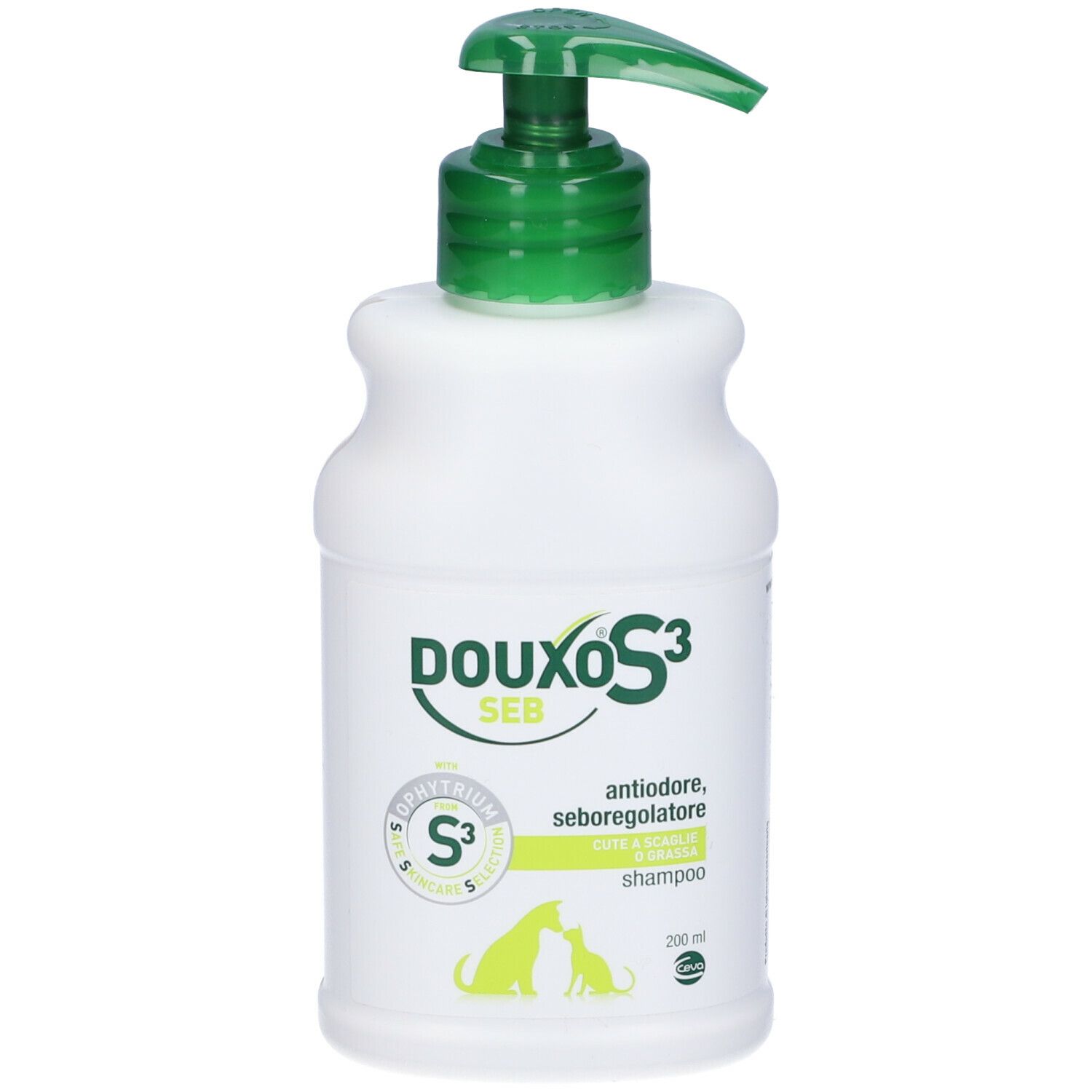 Flacone bianco con dosatore verde. Scritta Douxo S3 Seb Shampoo. Contiene S3 Phytrium. Per cani e gatti.