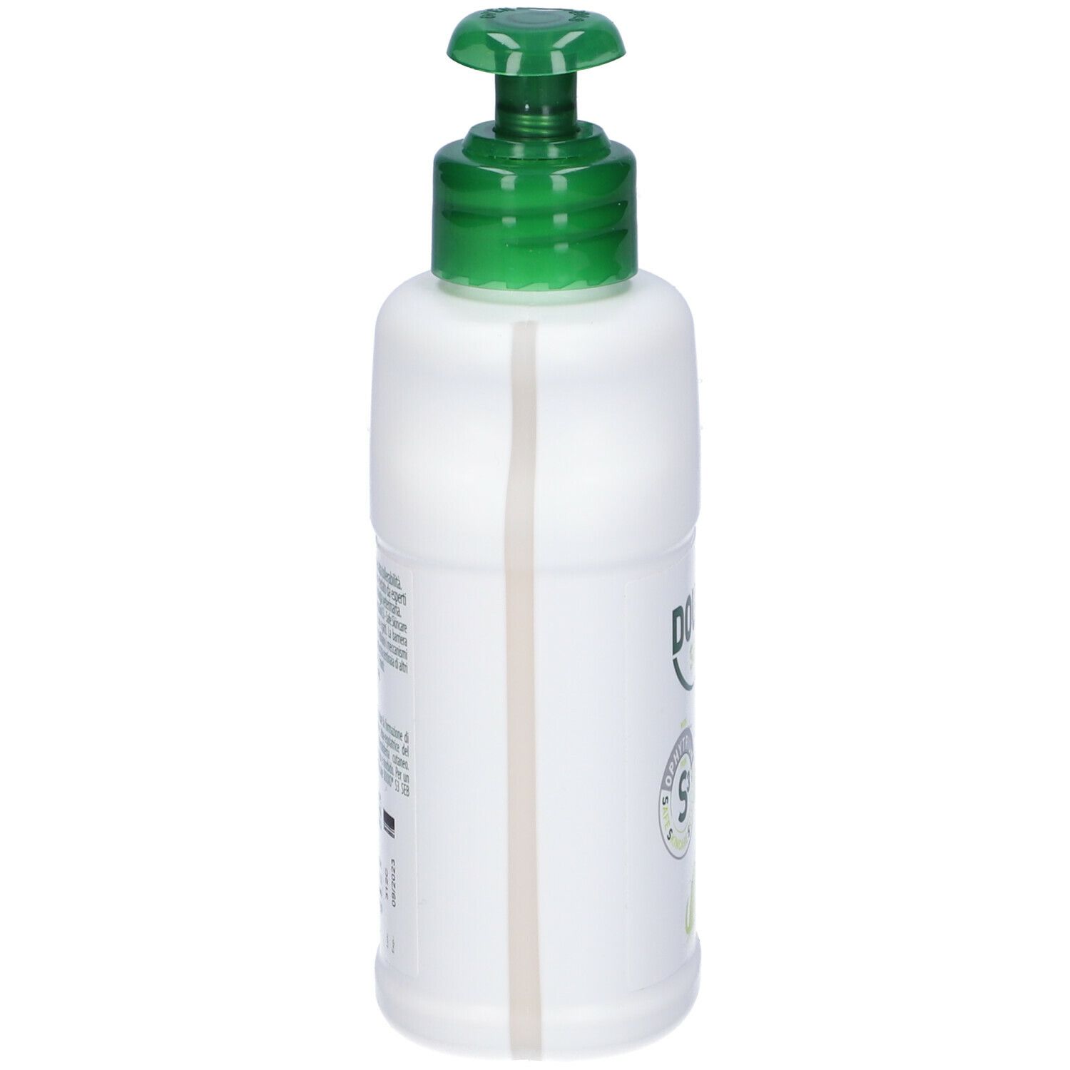 Flacone bianco con dosatore verde. Retro con testo. Contiene informazioni su ingredienti e utilizzo.