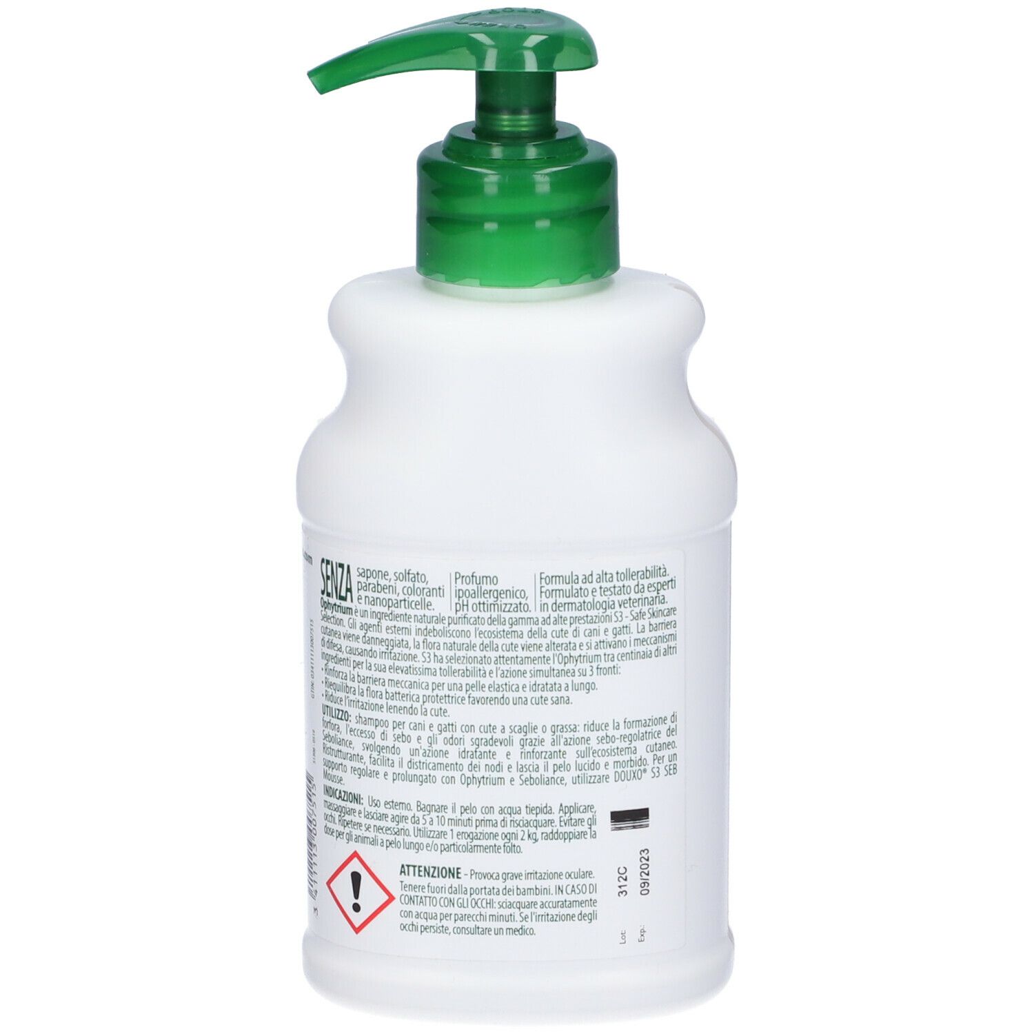 Retro del flacone bianco con dosatore verde. Testo con ingredienti e istruzioni per l'uso.