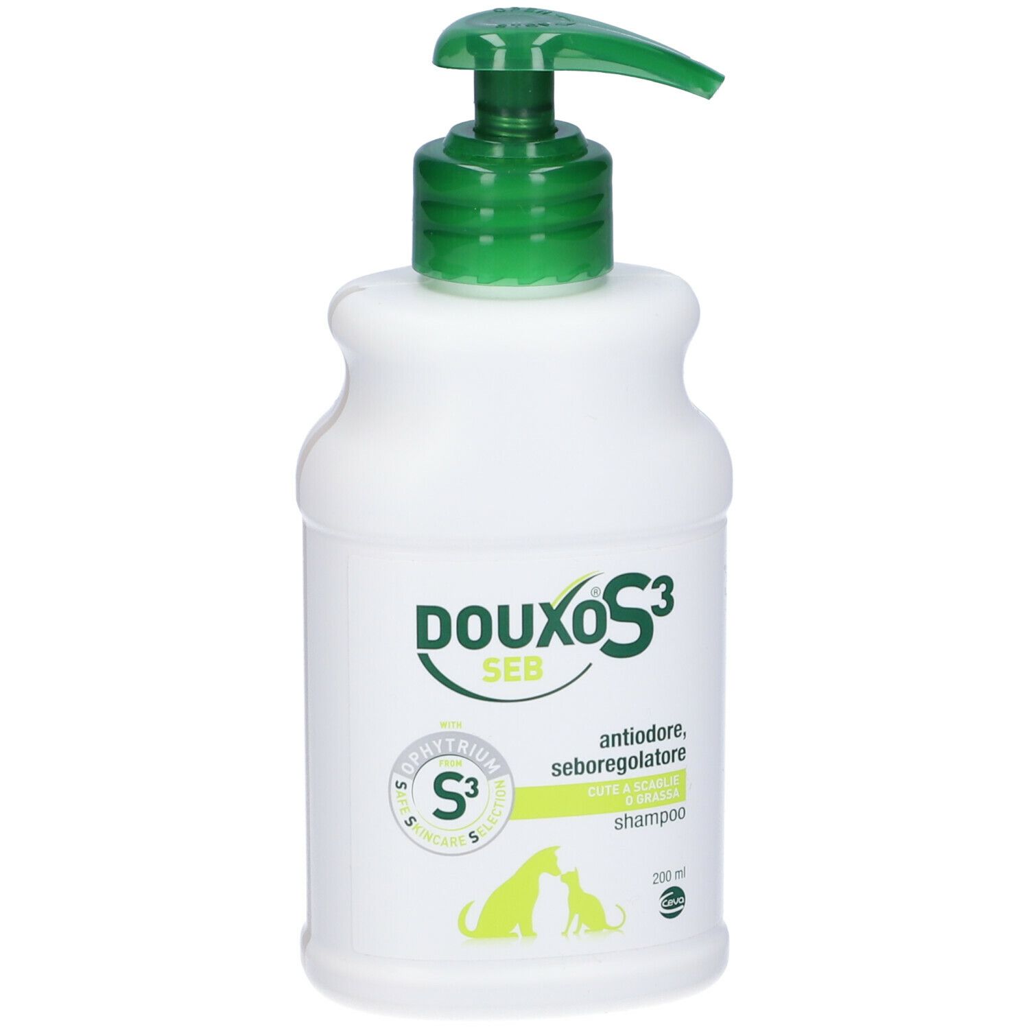 Flacone bianco con dosatore verde. Scritta Douxo S3 Seb Shampoo. Contiene S3 Phytrium. Per cani e gatti.