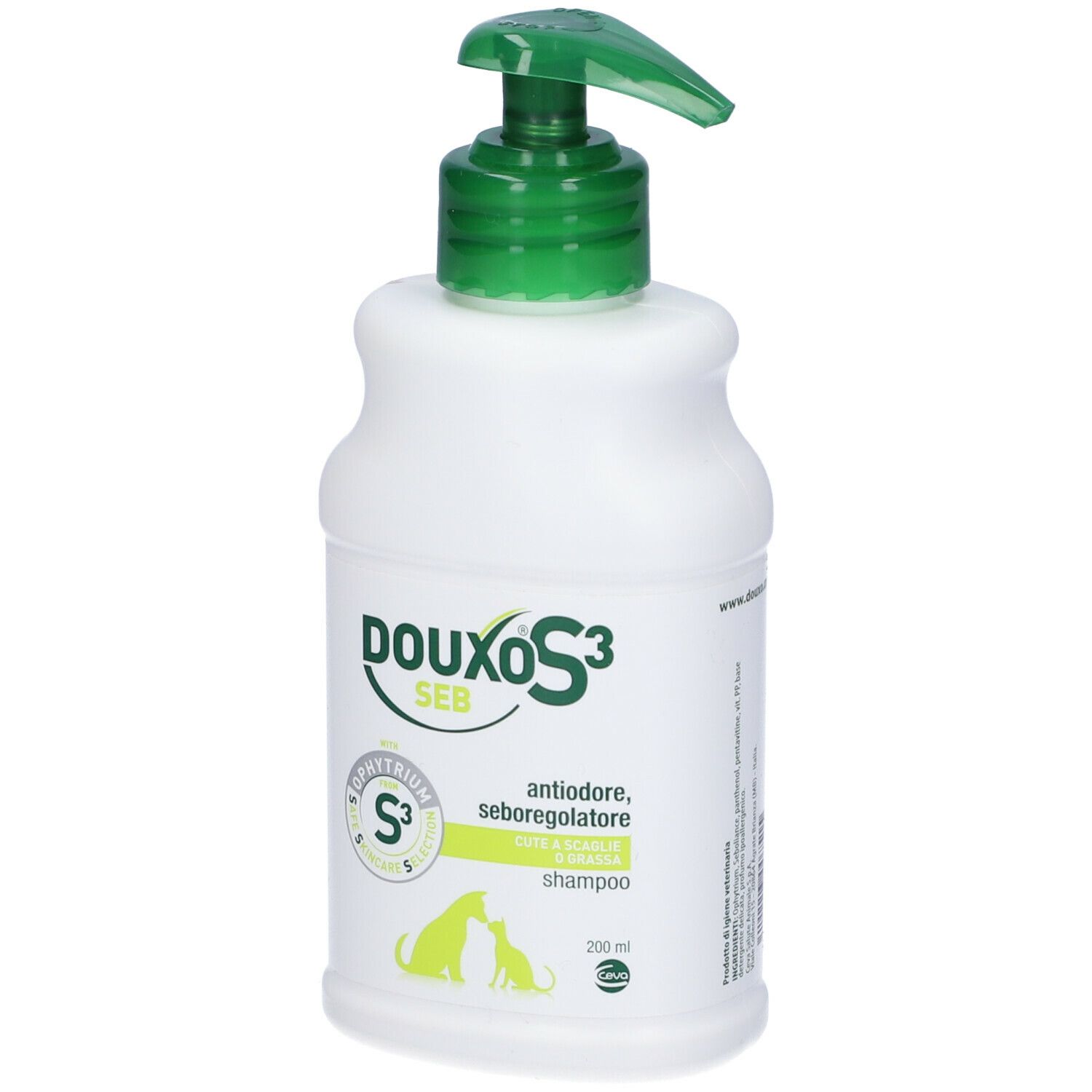 Flacone bianco con dosatore verde. Scritta Douxo S3 Seb Shampoo. Contiene S3 Phytrium. Per cani e gatti.