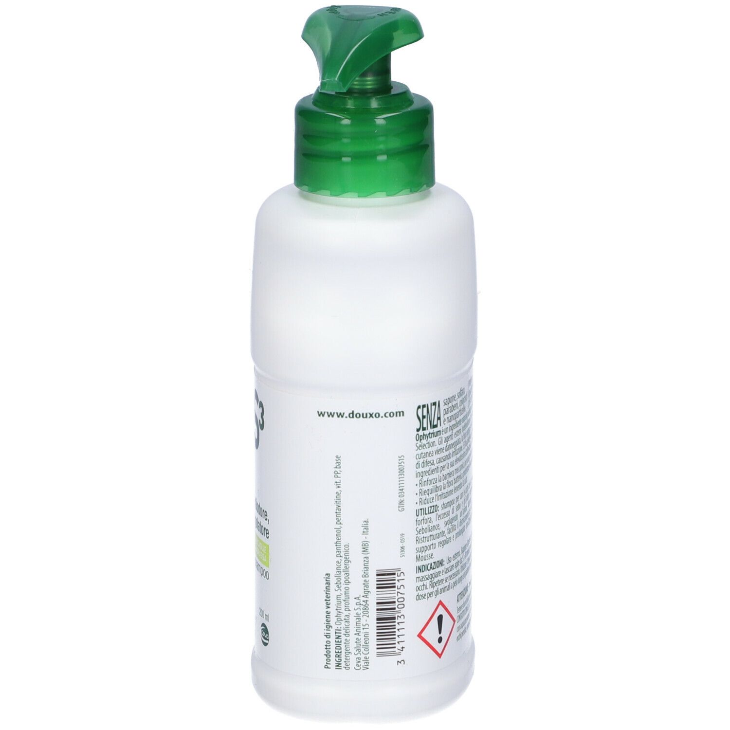 Retro del flacone bianco con dosatore verde. Testo con ingredienti e avvertenze.