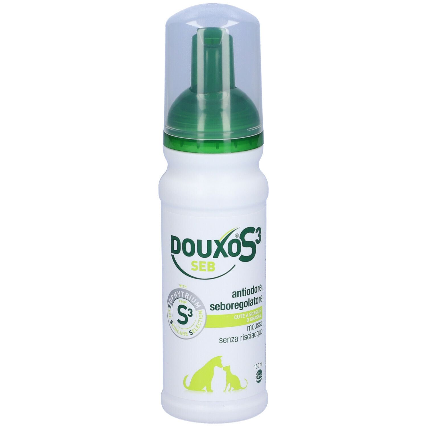 Flacone bianco con erogatore verde. Scritta DOUXO S3 SEB. Contiene mousse. Con immagine di animali.