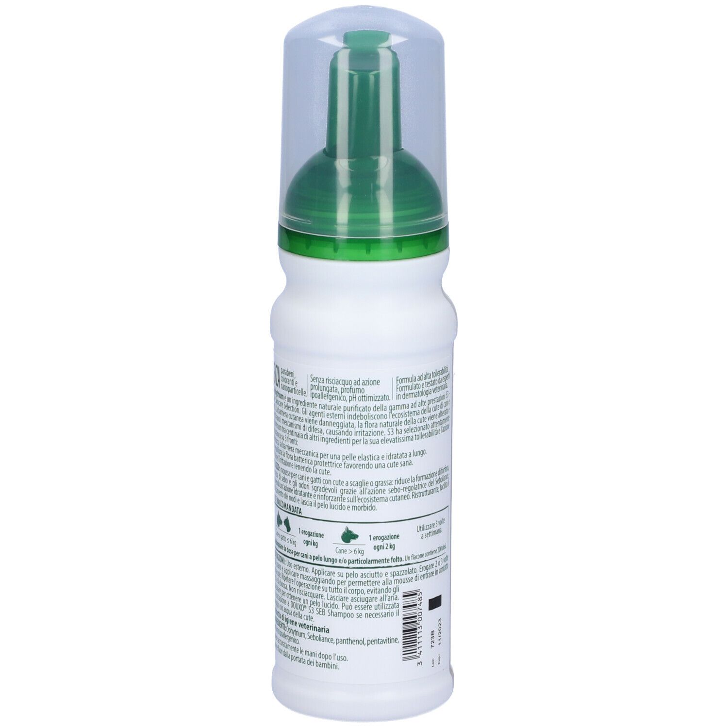 Flacone bianco con erogatore verde. Scritta DOUXO S3 SEB. Retro con testo e loghi.
