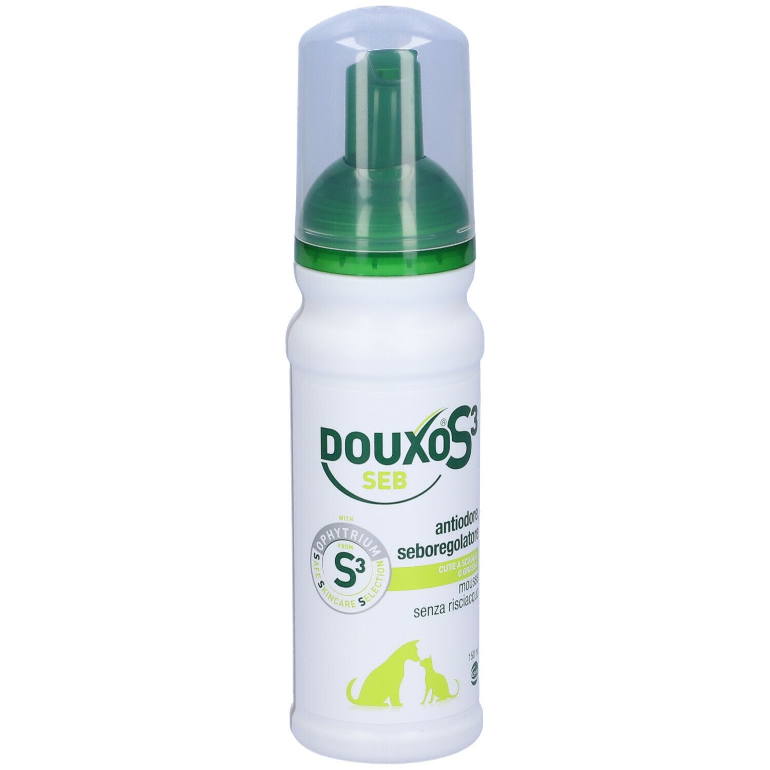 Flacone bianco con erogatore verde. Scritta DOUXO S3 SEB. Contiene mousse. Con immagine di animali.