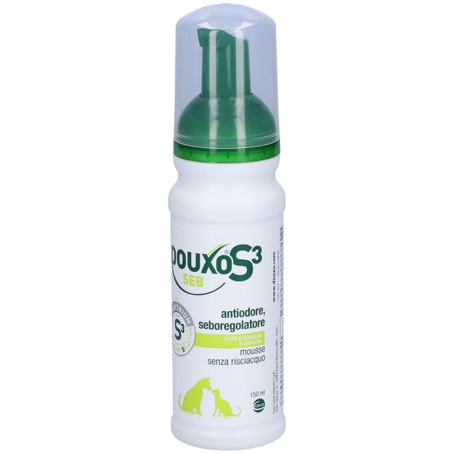 Flacone bianco con erogatore verde. Scritta DOUXO S3 SEB. Contiene mousse. Con immagine di animali.