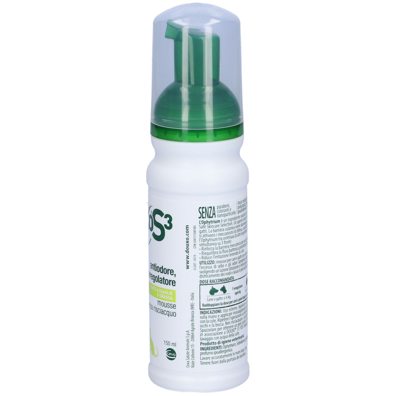 Flacone bianco con erogatore verde. Scritta DOUXO S3 SEB. Contiene mousse. Con immagine di animali.