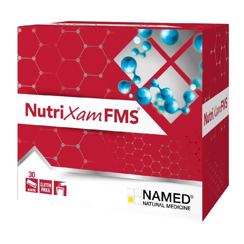 Scatola rossa con logo "NutriXam FMS". 30 bustine, senza glutine. Logo NAMED in basso a destra.