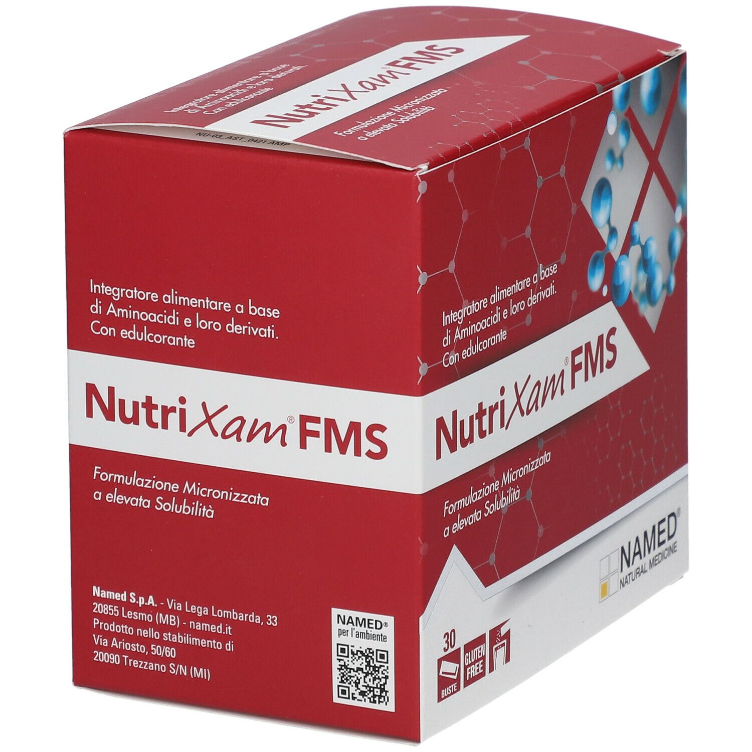 Scatola rossa "NutriXam FMS". Testo: Integratore alimentare a base di Aminoacidi e loro derivati. Logo NAMED.