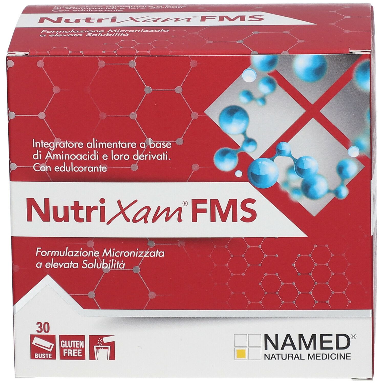 Scatola rossa "NutriXam FMS". 30 bustine, senza glutine. Logo NAMED. Testo: Integratore alimentare a base di Aminoacidi.