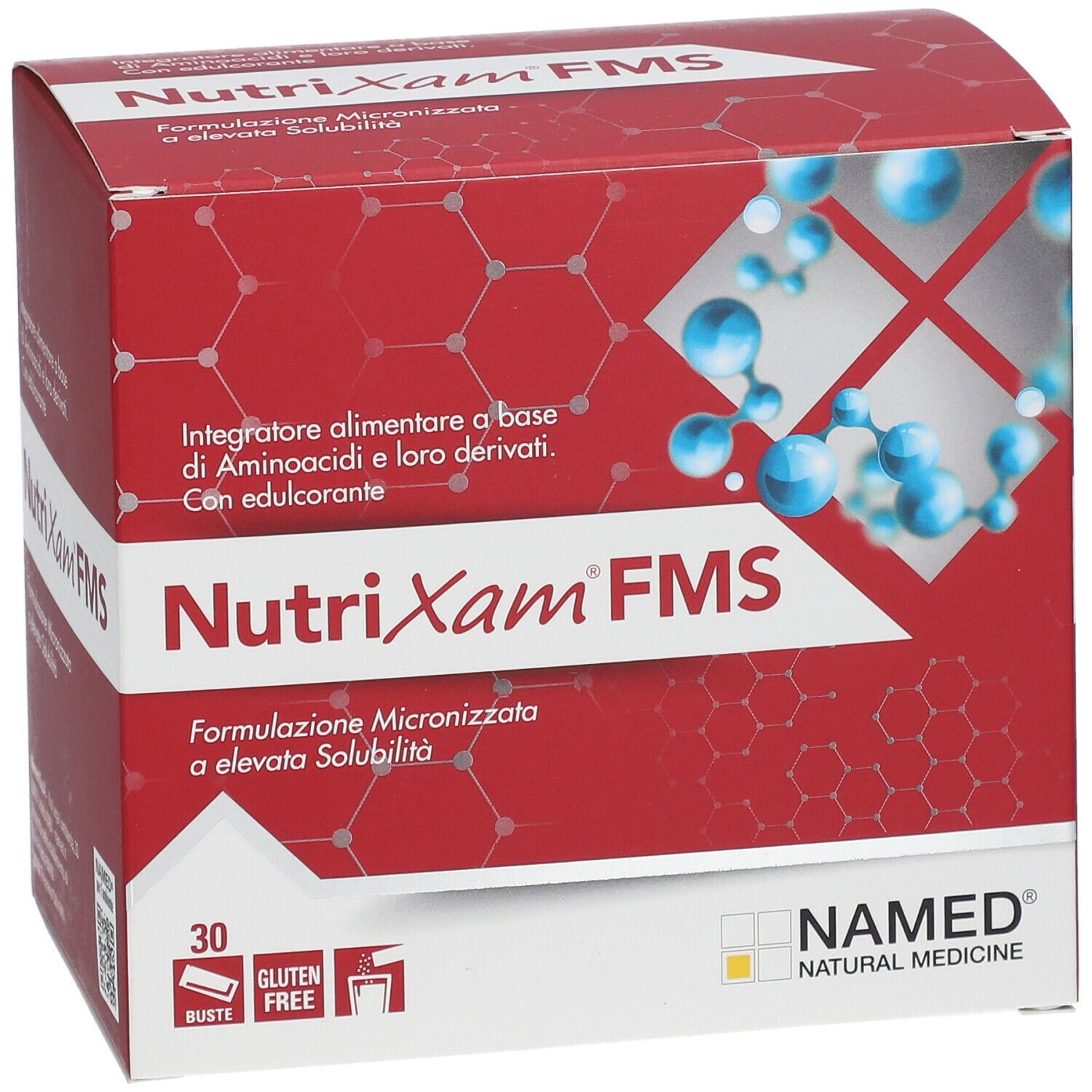 Scatola rossa "NutriXam FMS". 30 bustine, senza glutine. Logo NAMED. Testo: Integratore alimentare a base di Aminoacidi.