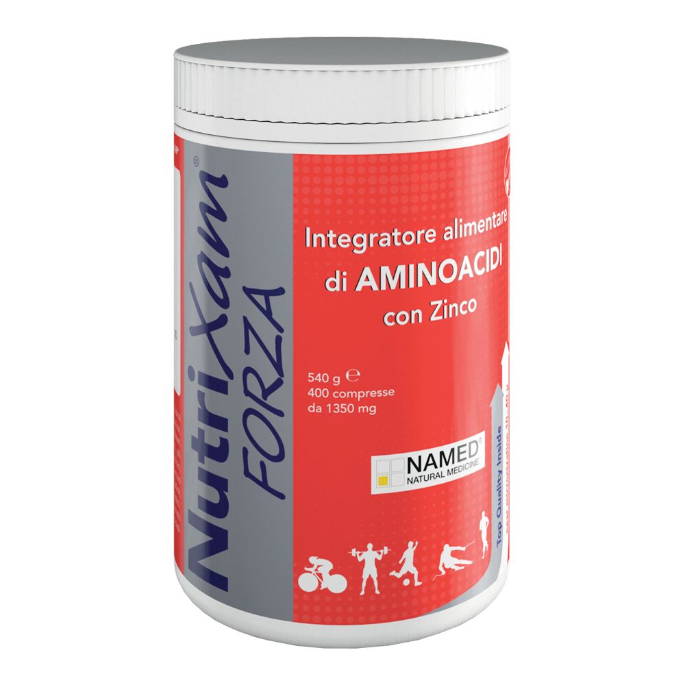 Barattolo rotondo NutriXam FORZA. Sfondo rosso, scritta bianca. Contiene aminoacidi e zinco. NAMED Natural Medicine.