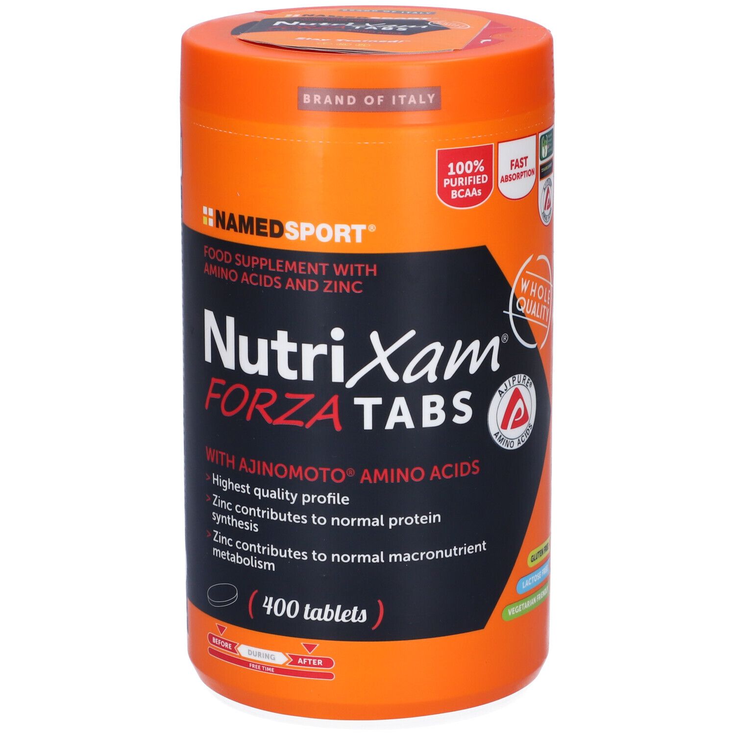 Barattolo cilindrico NutriXam FORZA TABS. Arancione. Contiene aminoacidi e zinco. NAMED SPORT. 400 compresse.
