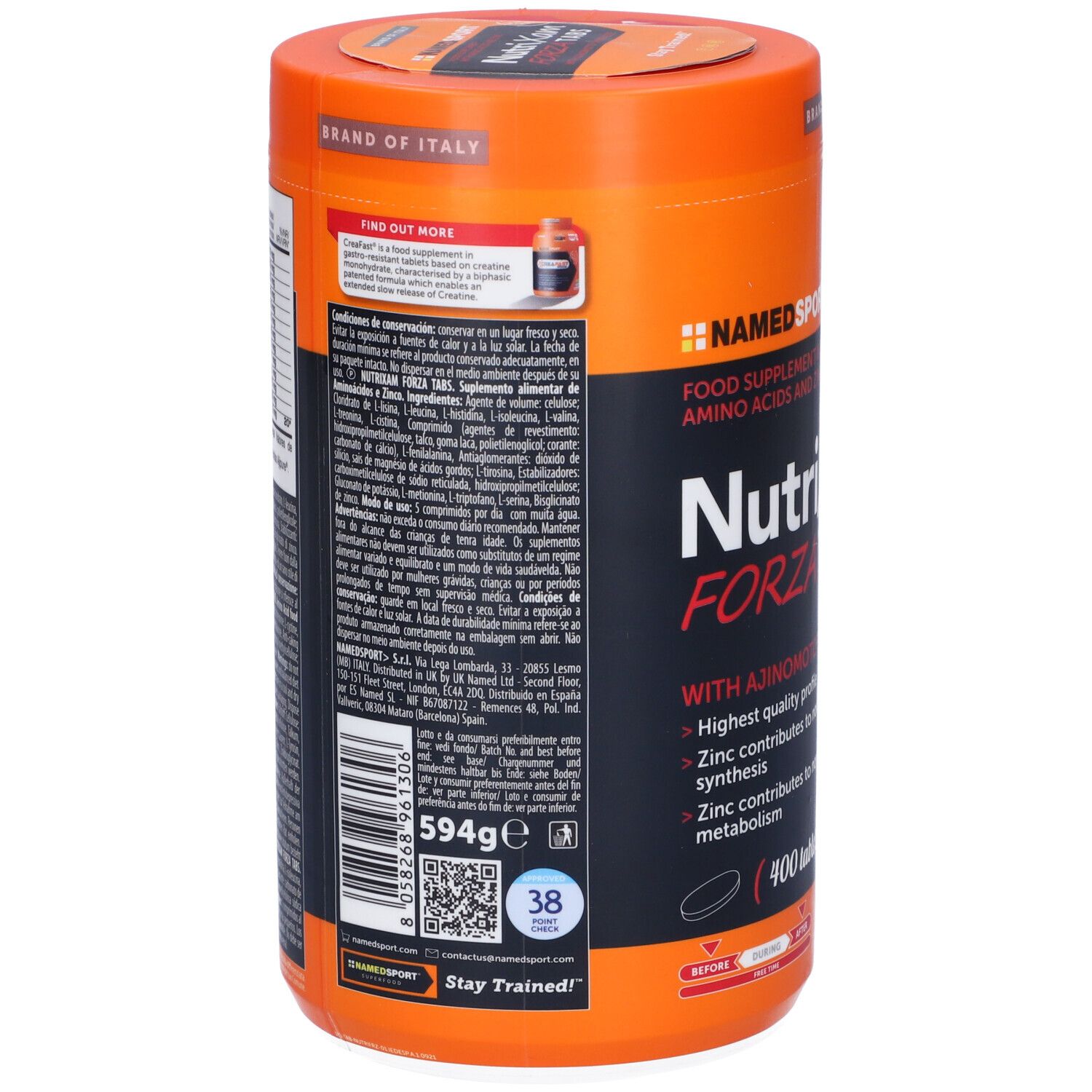 Retro del barattolo cilindrico NutriXam FORZA TABS. Arancione. Contiene aminoacidi e zinco. NAMED SPORT. 400 compresse.