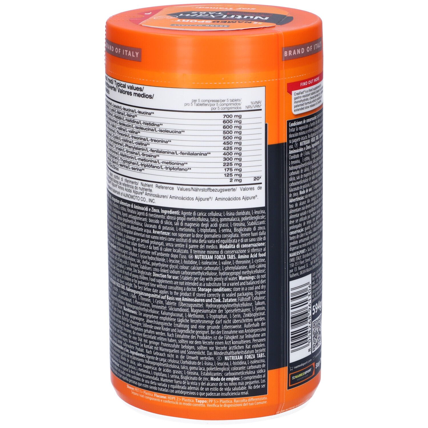 Retro del barattolo cilindrico NutriXam FORZA TABS. Arancione. Contiene aminoacidi e zinco. NAMED SPORT. Valori nutrizionali.