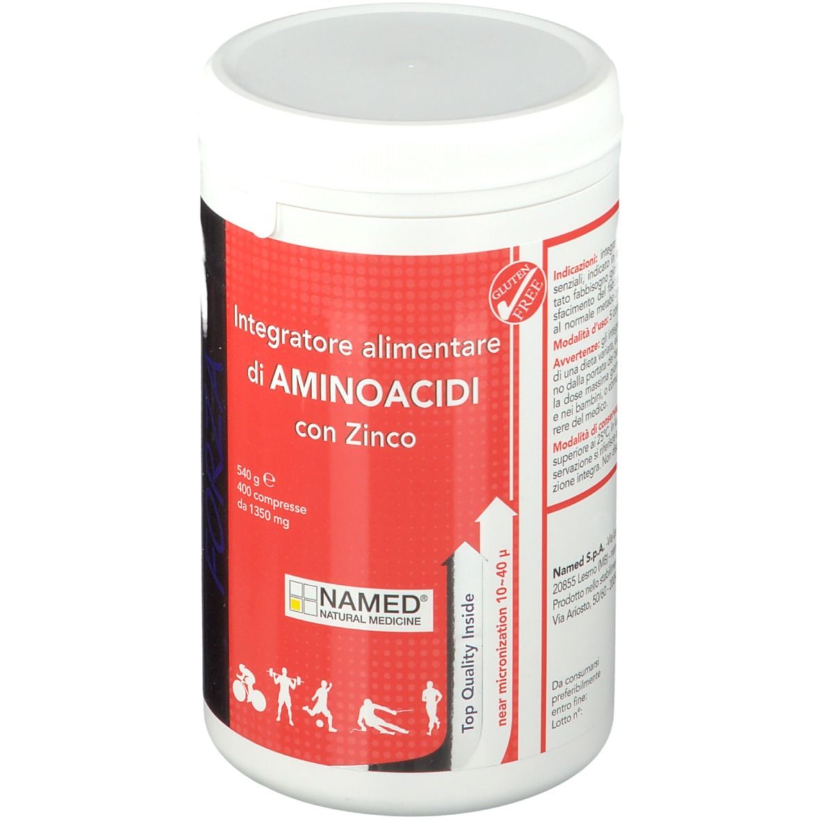 Barattolo rotondo NutriXam FORZA. Sfondo rosso, scritta bianca. Contiene aminoacidi e zinco. NAMED Natural Medicine.
