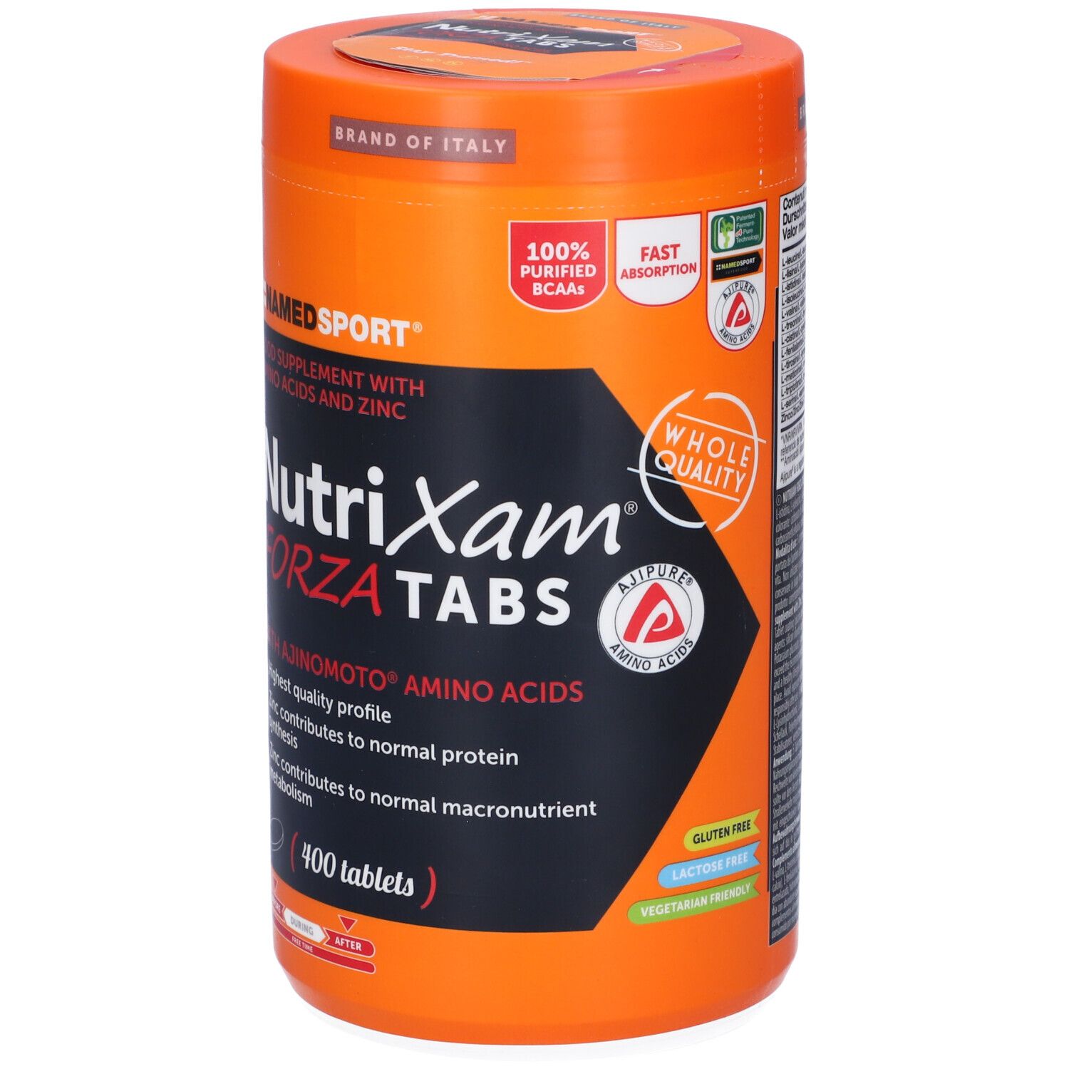 Barattolo cilindrico NutriXam FORZA TABS. Arancione. Contiene aminoacidi e zinco. NAMED SPORT. 400 compresse.