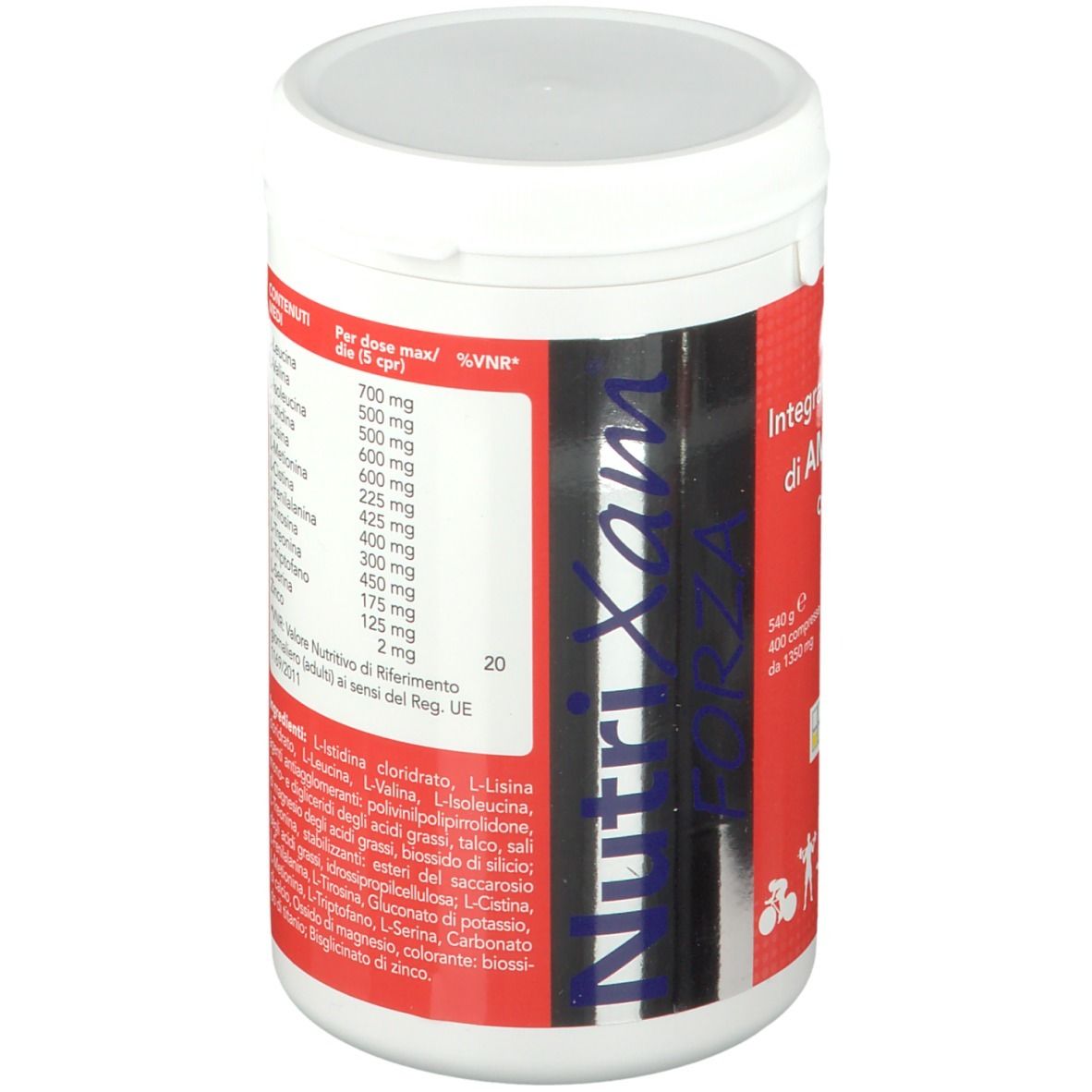 Barattolo rotondo NutriXam FORZA. Sfondo rosso, scritta bianca. Contiene aminoacidi e zinco. NAMED Natural Medicine. Valori nutrizionali.
