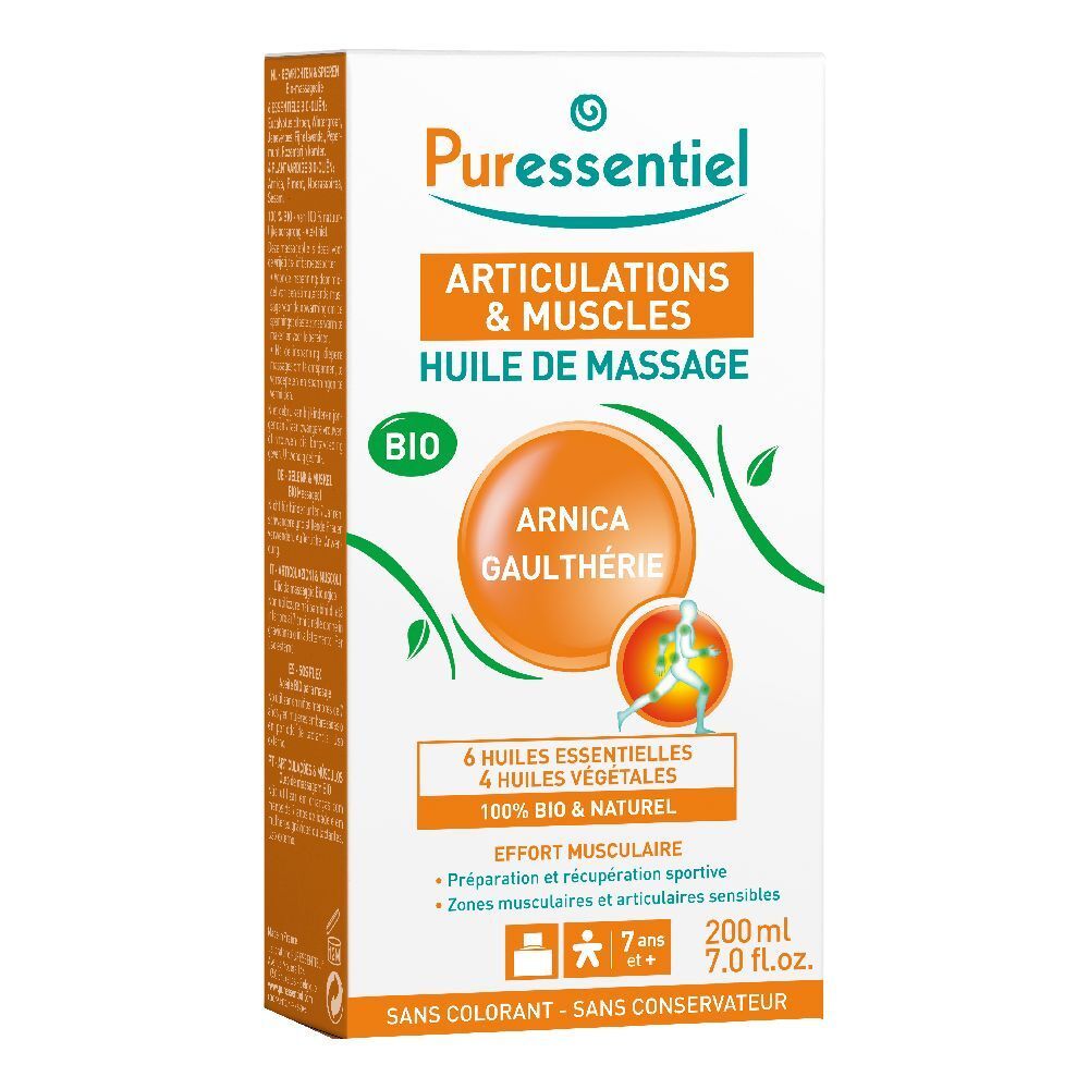 Puressentiel Bio-Massageöl Arnika Gaultheria. Scatola. Arancione e bianco. Testo: Articulations & Muscles, Bio, 200ml.