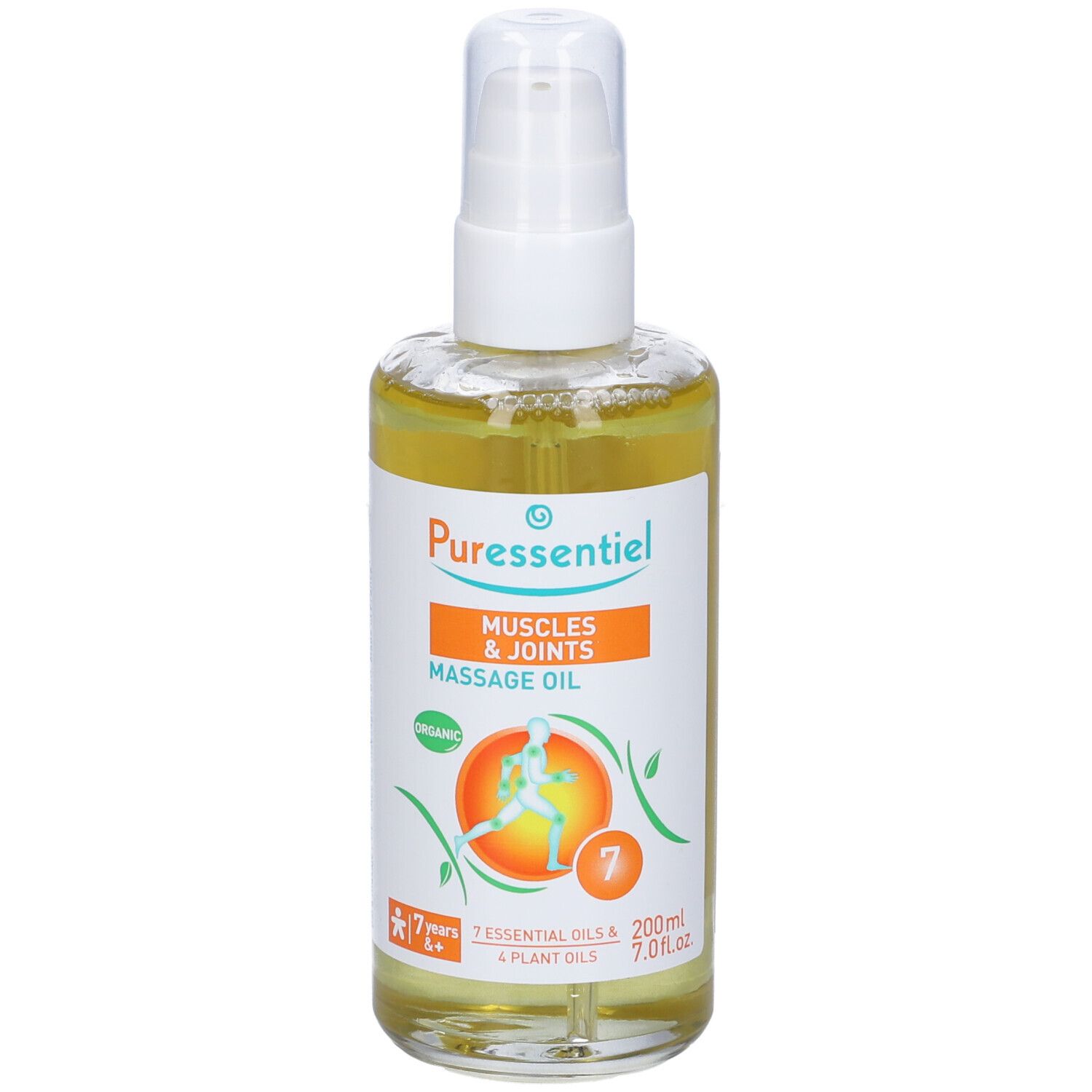Olio per massaggio Puressentiel. Flacone con vaporizzatore. Etichetta arancione e bianca. Testo: Muscles & Joints, 7 oli essenziali, 200ml.