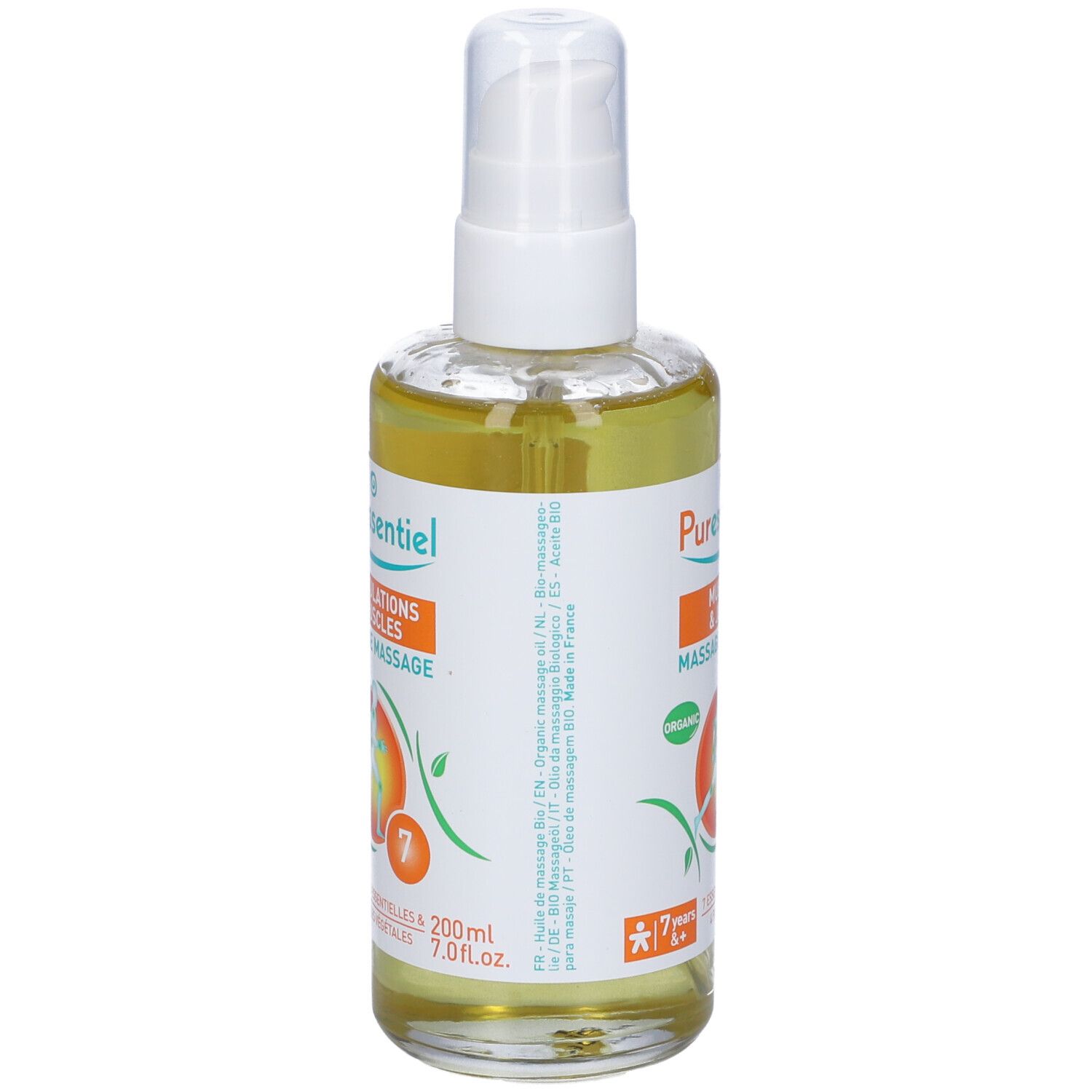 Olio per massaggio Puressentiel. Flacone con vaporizzatore. Etichetta arancione e bianca. Testo: Articulations & Muscles, 7 oli essenziali, 200ml.