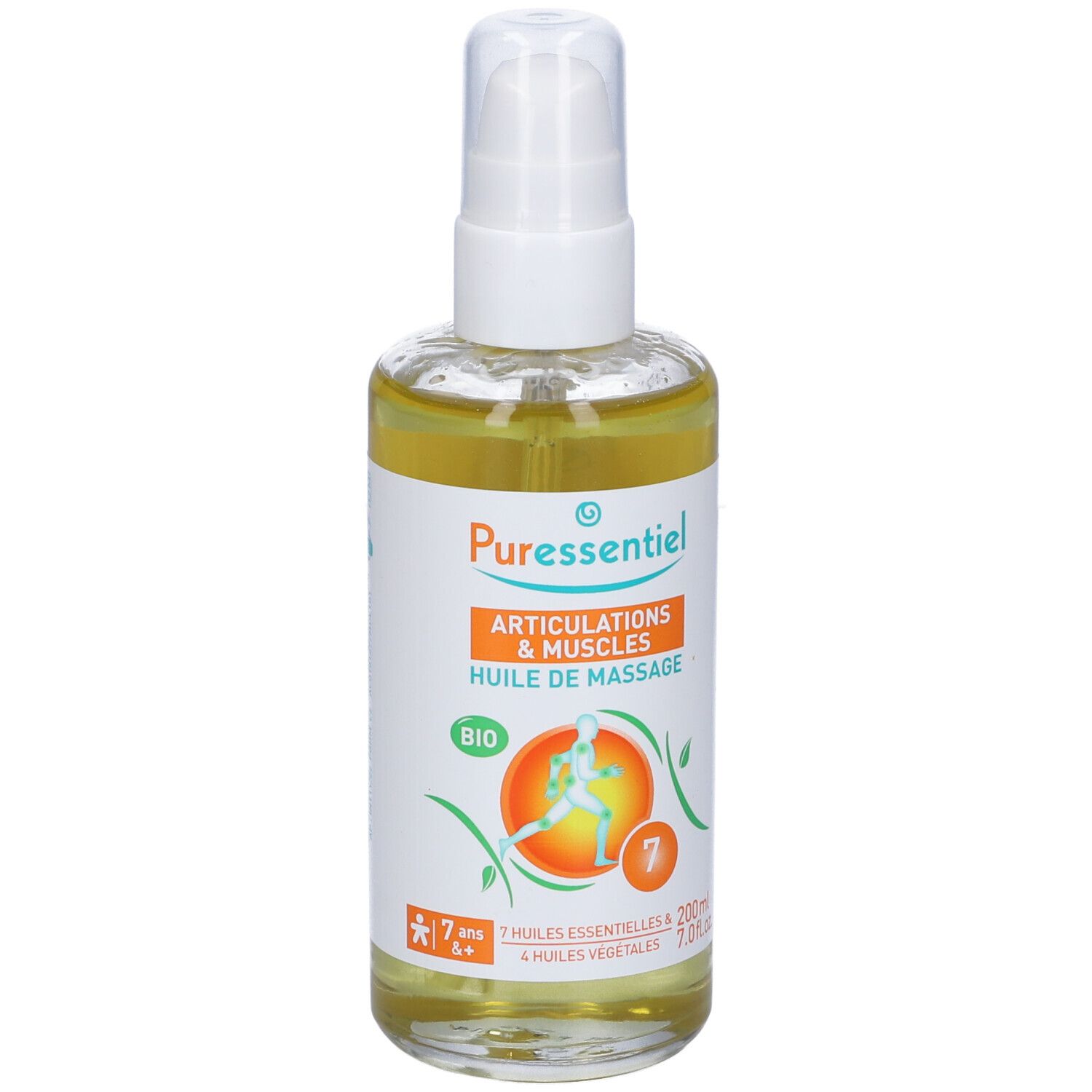 Olio per massaggio Puressentiel. Flacone con vaporizzatore. Etichetta arancione e bianca. Testo: Articulations & Muscles, 7 oli essenziali, 200ml.