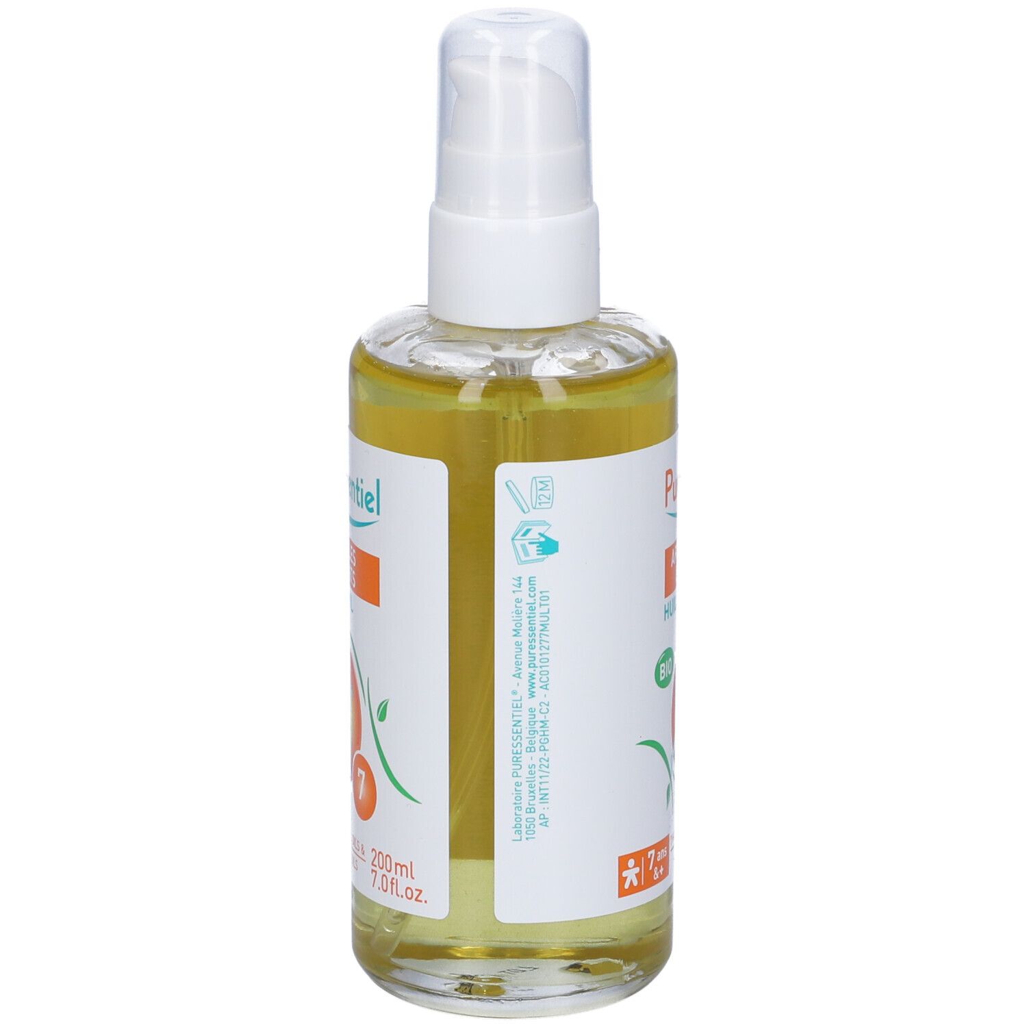 Olio per massaggio Puressentiel. Flacone con vaporizzatore. Etichetta arancione e bianca. Testo: Articulations & Muscles, 7 oli essenziali, 200ml.
