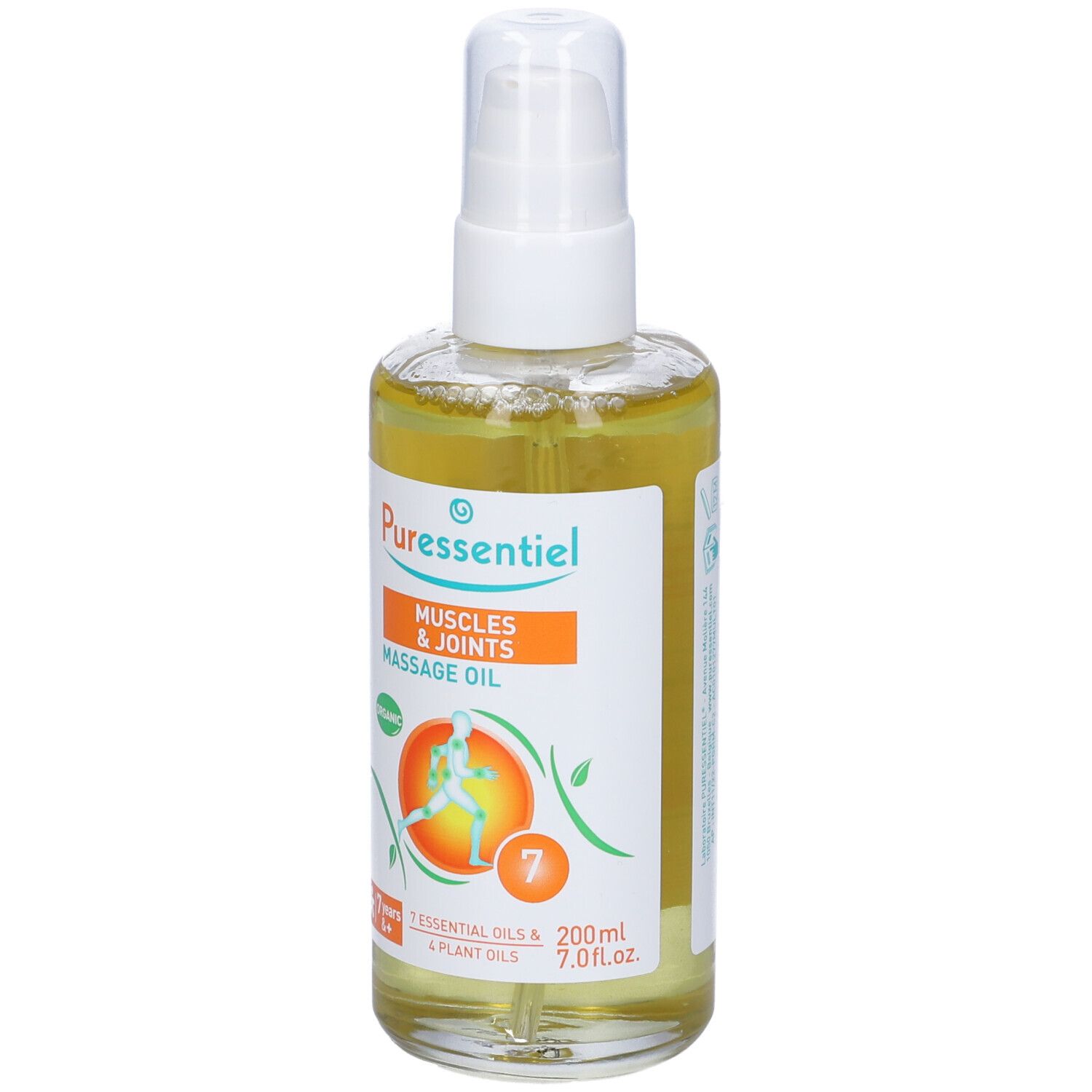 Olio per massaggio Puressentiel. Flacone con vaporizzatore. Etichetta arancione e bianca. Testo: Muscles & Joints, 7 oli essenziali, 200ml.