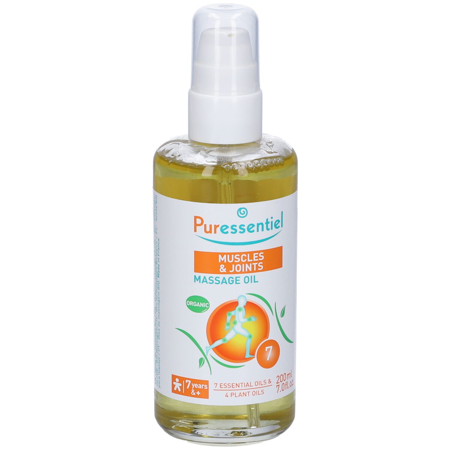 Olio per massaggio Puressentiel. Flacone con vaporizzatore. Etichetta arancione e bianca. Testo: Muscles & Joints, 7 oli essenziali, 200ml.