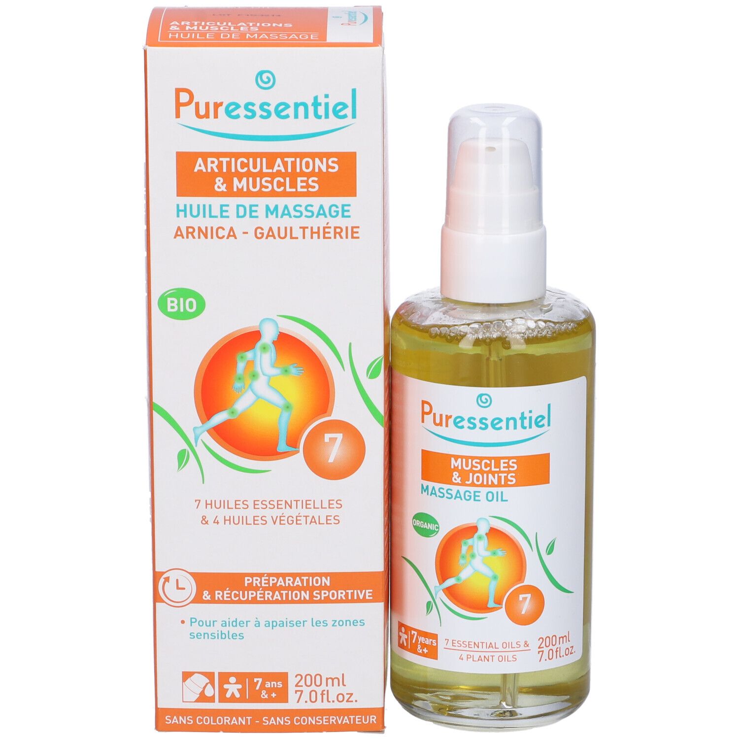 Olio per massaggio Puressentiel e confezione. Flacone con vaporizzatore e scatola. Testo: Muscles & Joints, 7 oli essenziali, 200ml.