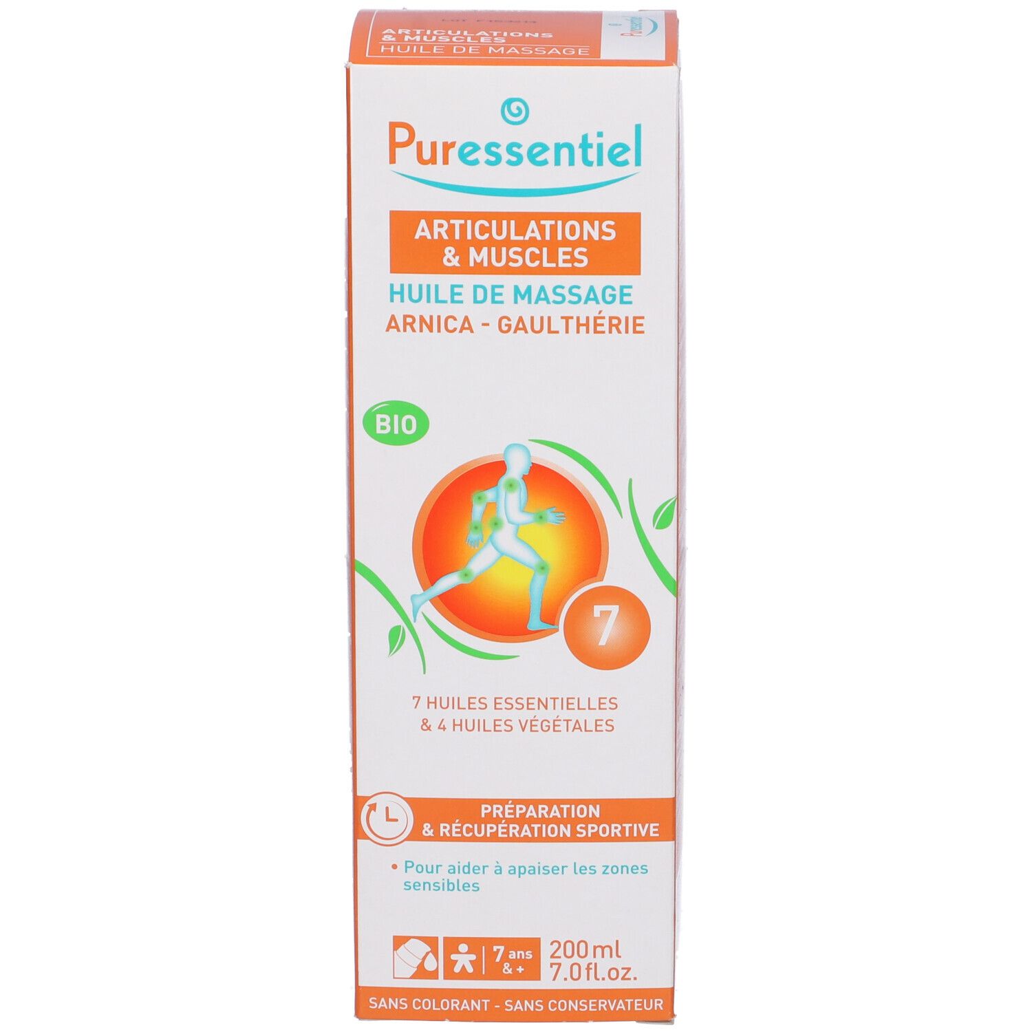 Puressentiel Bio-Massageöl Arnika Gaultheria. Scatola. Arancione e bianco. Testo: Articulations & Muscles, Bio, 200ml.