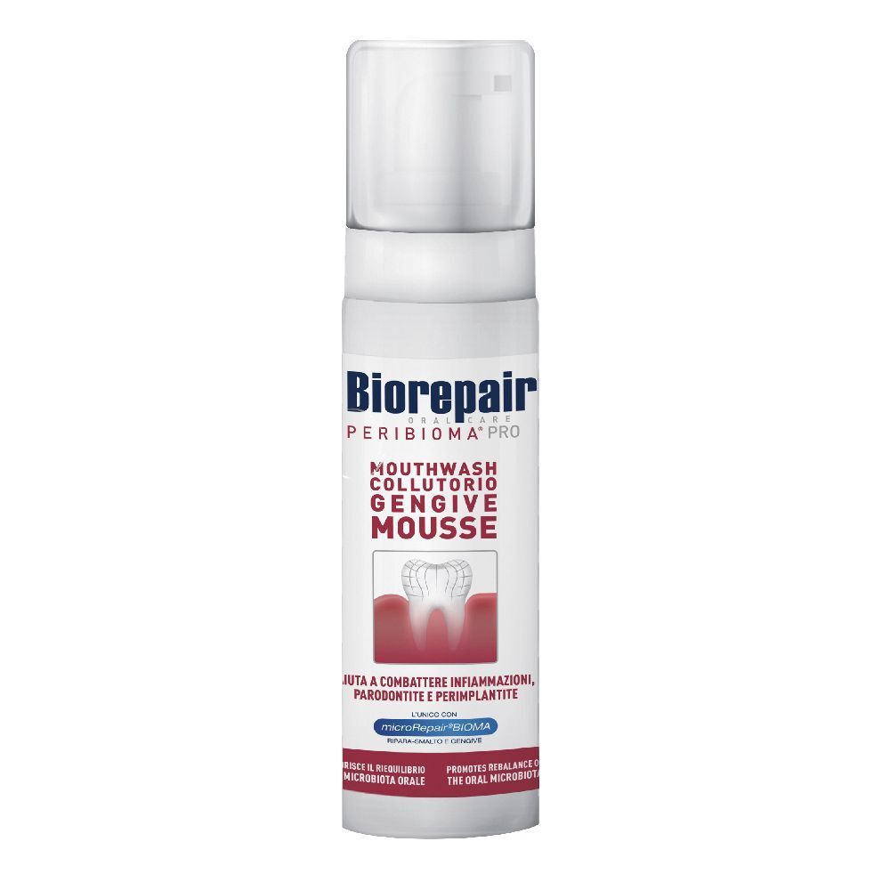 Flacone bianco di collutorio Biorepair Collutorio Gengive Mousse. Striscia rossa con testo e illustrazione dentale.