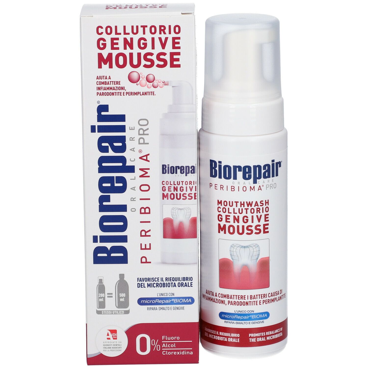Confezione del prodotto: Biorepair Collutorio Gengive Mousse. Flacone e scatola. Colori rosso e bianco. Illustrazione dentale.