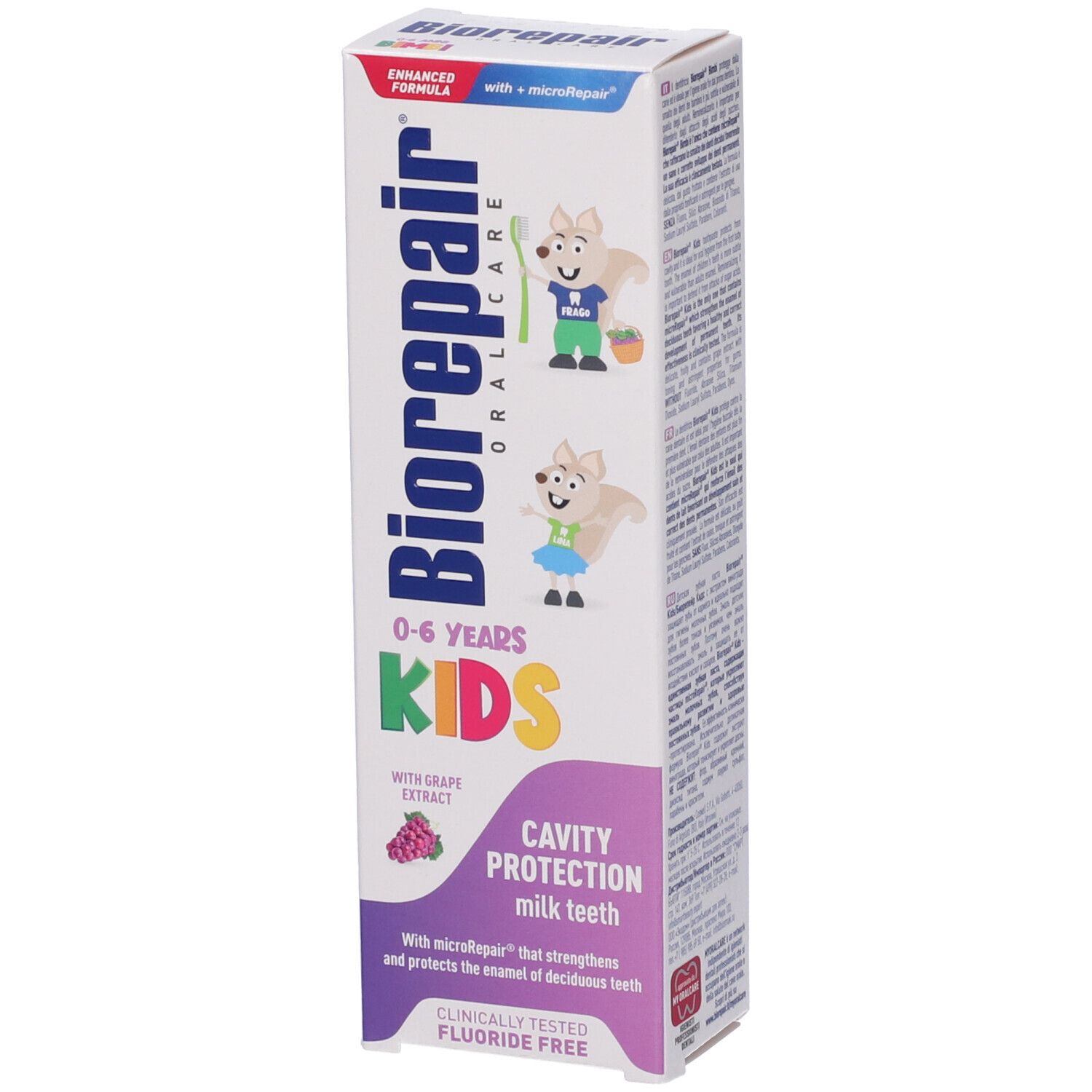 Confezione dentifricio Biorepair Kids 0-6 anni. Scritta KIDS, estratto d'uva, protezione carie, senza fluoro. Confezione verticale.